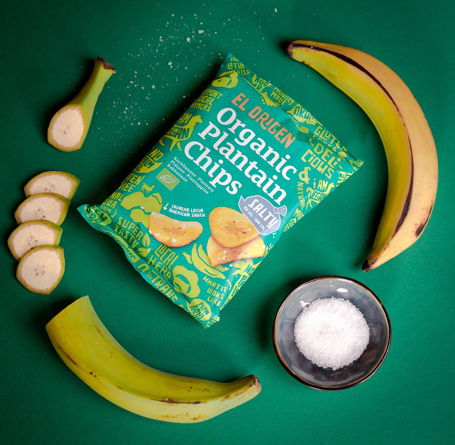 el origen chips de plátano orgánico con sal marina, 8 x 80g
