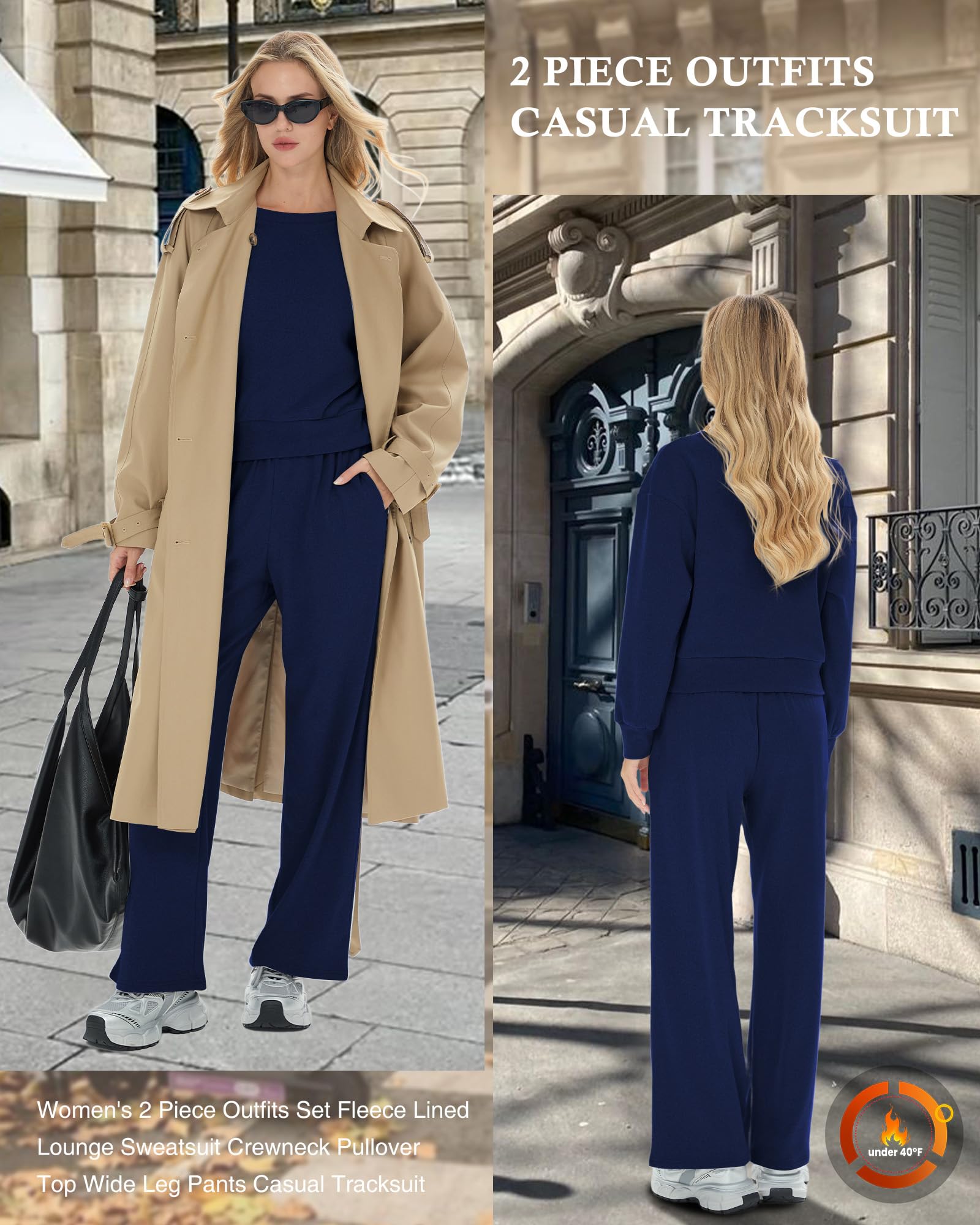Xuniea Completo da Donna Composto da 2 Pezzi: Tuta da Casa Foderata in Pile, Maglia Girocollo, Pantaloni a Gamba Larga