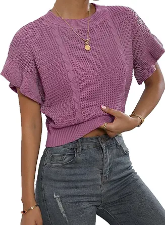 Verdusa Women's Ruffled Short Sleeve Round Neck Knitted Crop Top Pullovers Sweater