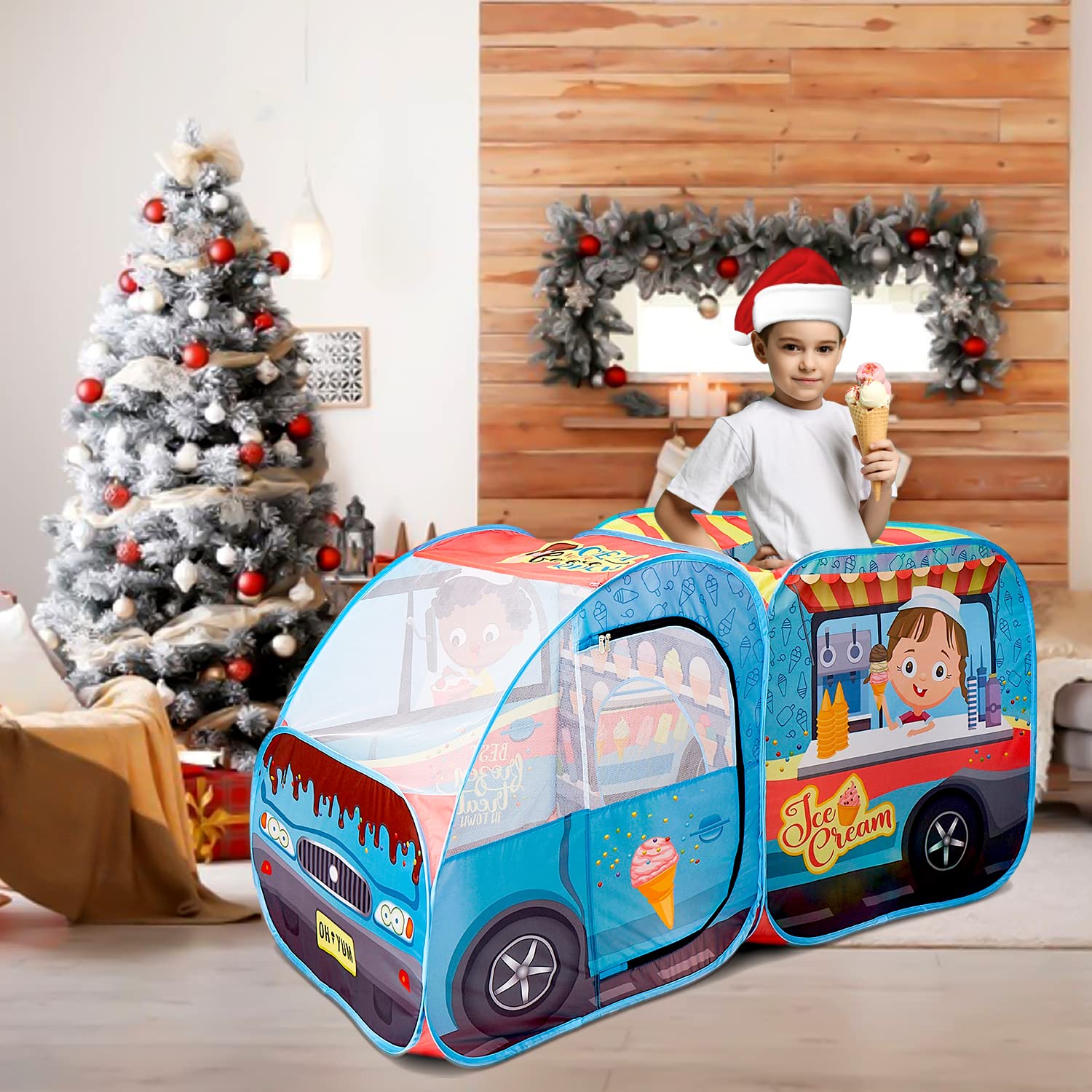 Kiddzery Ice Cream Truck Play Tent for Kids - Pretend Play Toy Food Set - Pop Up Icecream Playhouse Toys with Music Button - Birthday Gift for Girls & Boys - Indoor & Outdoor Tents for Toddlers & Baby