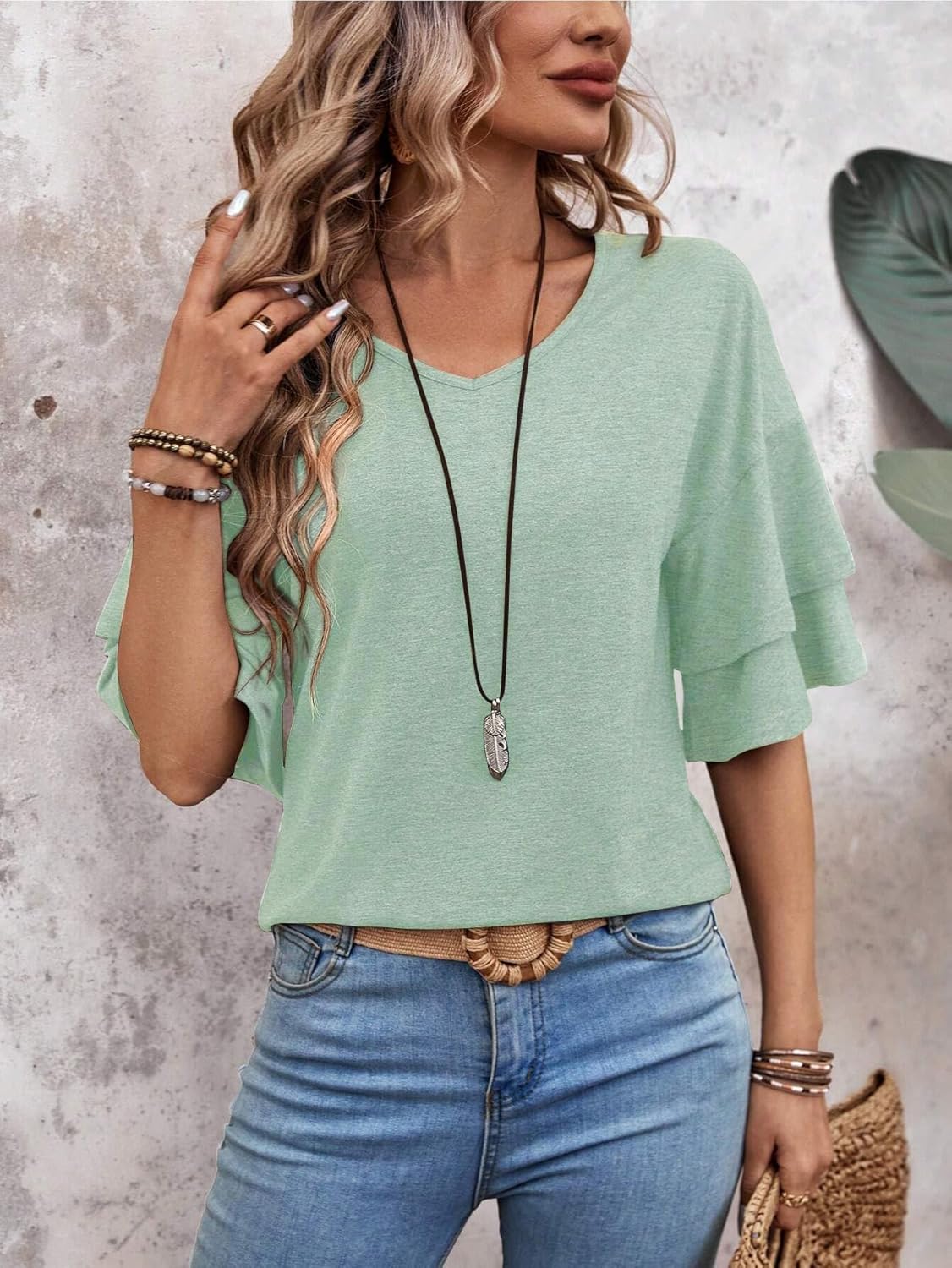 Womens Top Ruffle T Shirts Short Sleeve Blouses V Neck Tee Bell Sleeve Fall Spring Summer Fashion Clothes Cute Tunic - Image 3