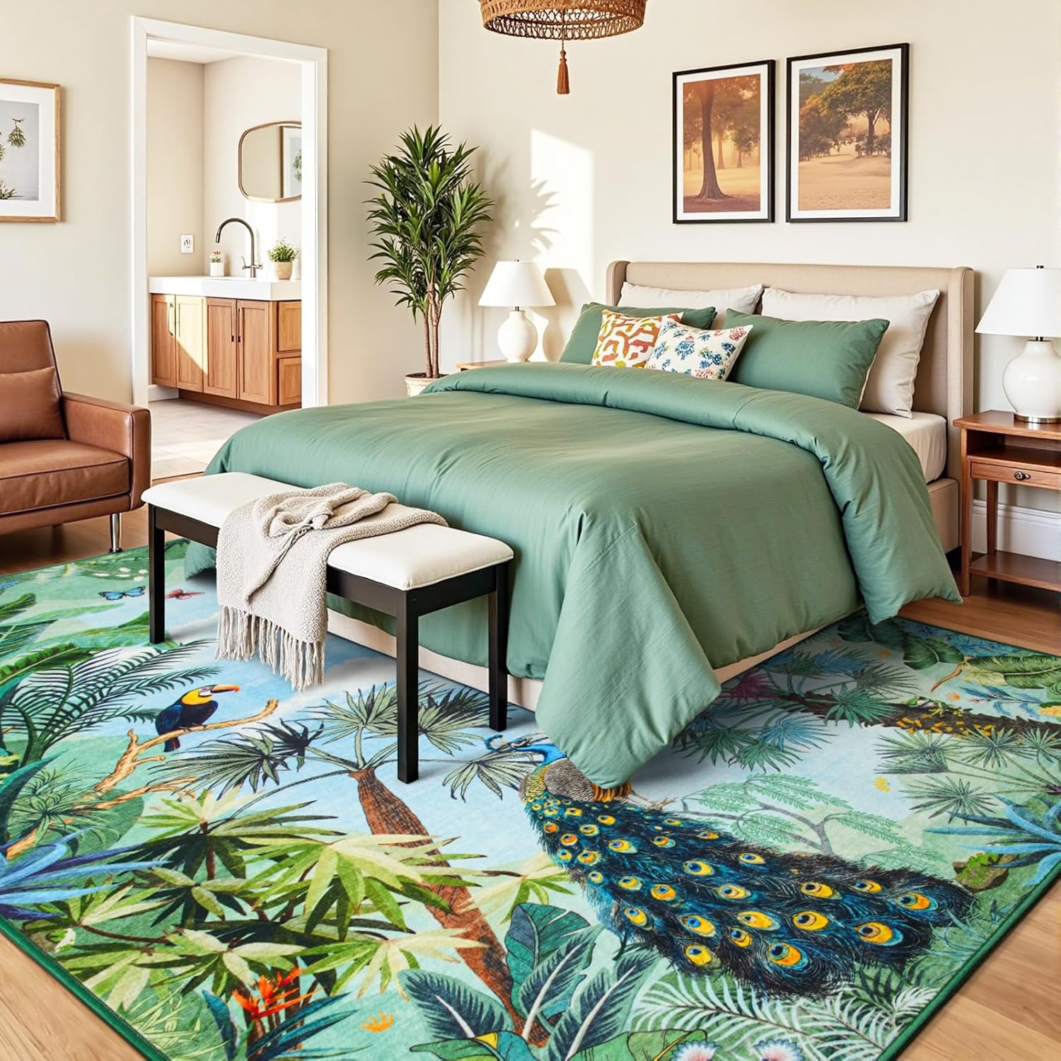 HOMORE Washable Rug 6x9 Animal Rugs for Living Room Bedroom Jungle Green Rug with Forest Tree Plant Safari Rugs with Peacock Leopard Non Slip Floor Carpet for Nursery Kids Room
