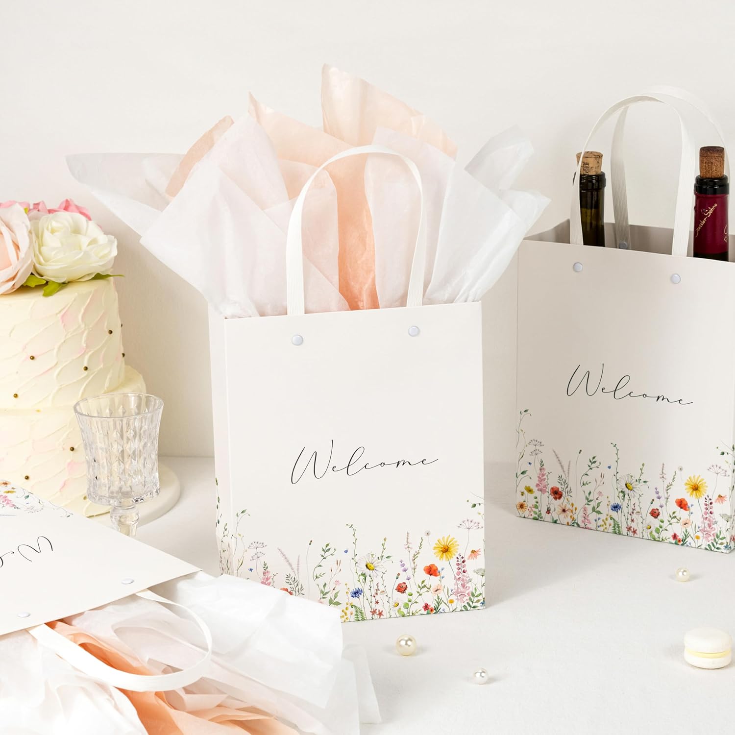 Crisky Wildflower Welcome Gift Bags for Wedding Hotel Guests, Bridal Baby Shower, 10"x8"x4", 25 Pack