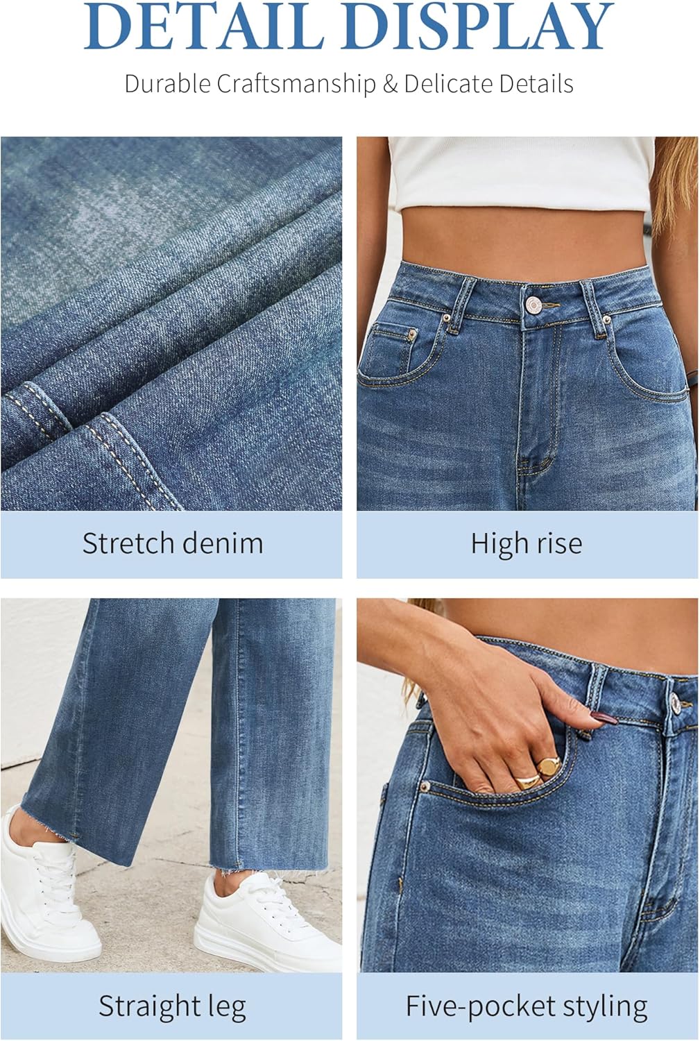 Allimy Womens Tummy Control High Waisted Straight Leg Jeans Stretchy Raw Hem Cropped Denim Pants