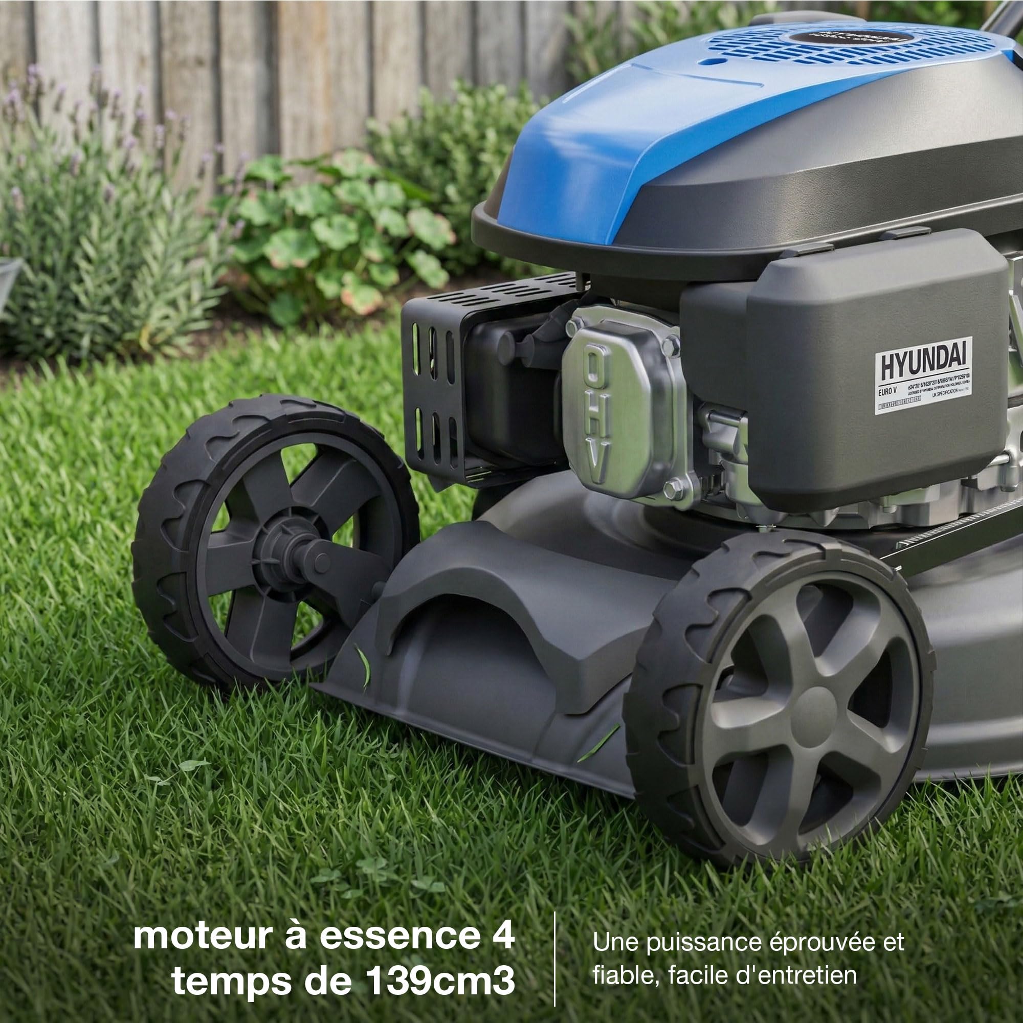 Hyundai Tondeuse à Gazon Thermique Autotractée 43 cm Moteur 139 cm3 3,7 CV 4 Temps Coupe 4-en-1 Mulching Carter Acier