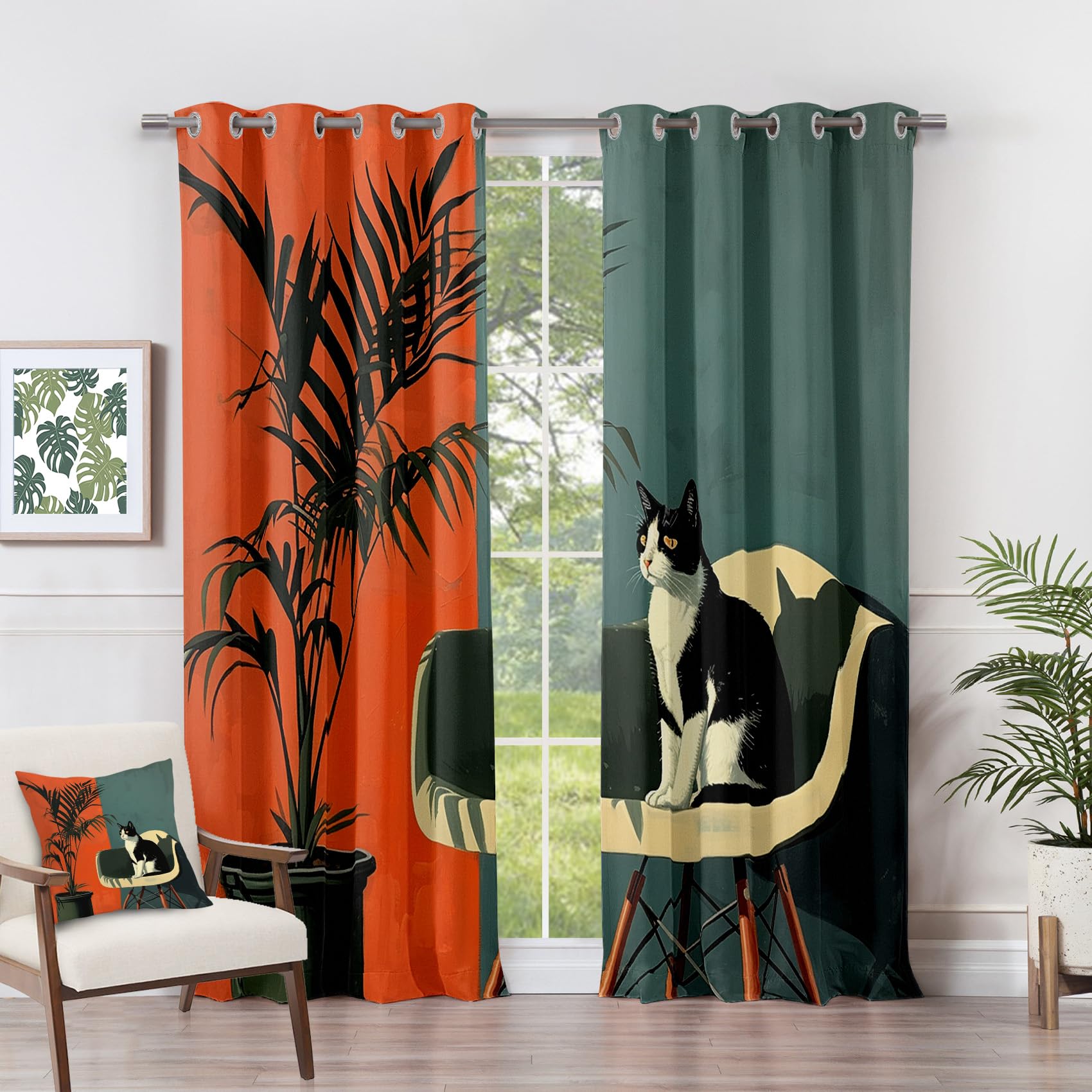 Rideau Occultant Chat - Rideau Thermique Motif Bloc de Couleur Vertes Orange Brûlé, Rideaux Chambre Salon Fenetre, Lot de 2 Rideaux et Draperies Intérieurs à Oeillets, 117x183 cm (LxH) N#-125