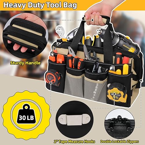 Miniatura 3 de Bolsa de herramientas resistente de 15 pulgadas con 24 bolsillos, caja de herramientas de boca abierta ancha con correa para el hombro, kit de