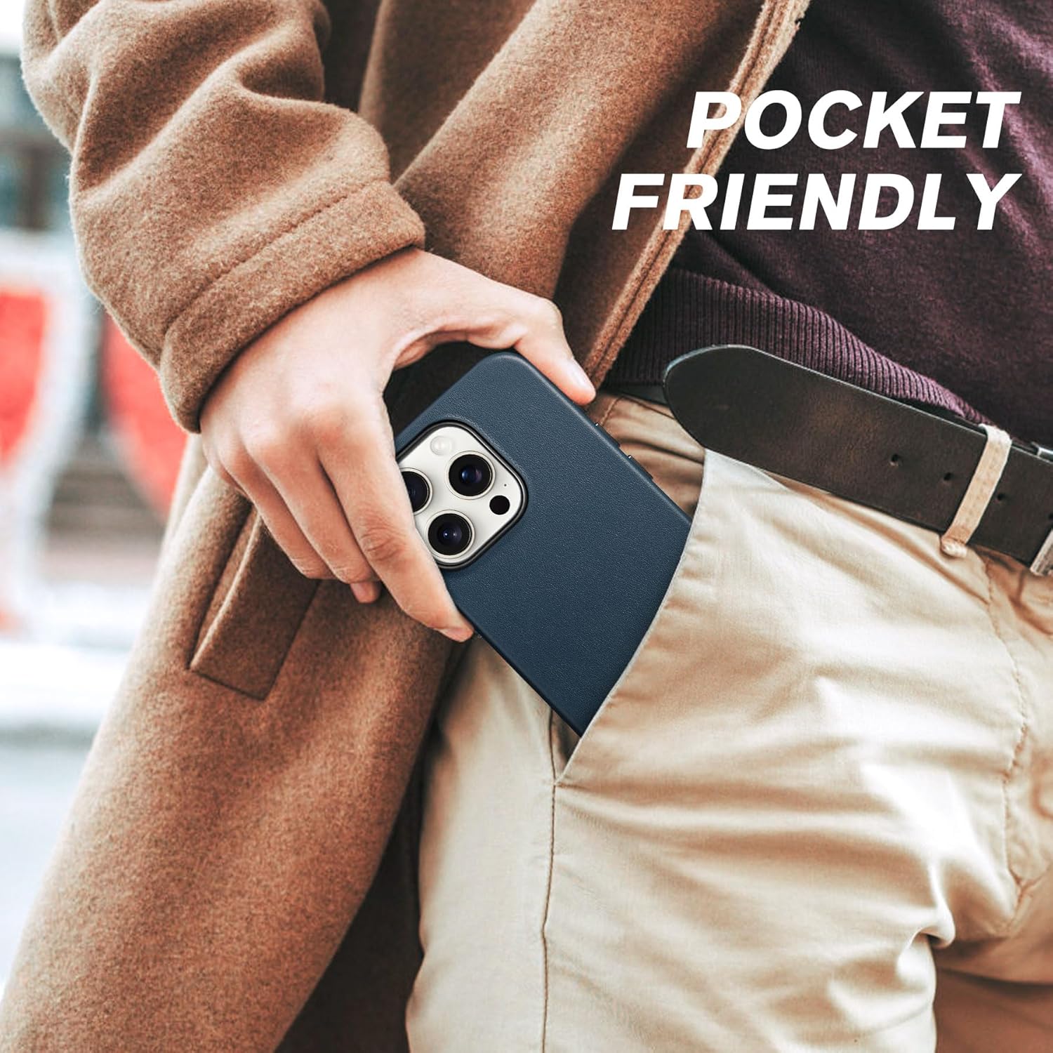 SHIELDON Case for iPhone 15 Pro 6.1", Genuine Leather - Magnetic Wireless Charging - Slim Fit - Non-Slip - Metal Button - Shock-Absorbent Protective Case Compatible with iPhone 15 Pro 2023 - Navy Blue - Image 8