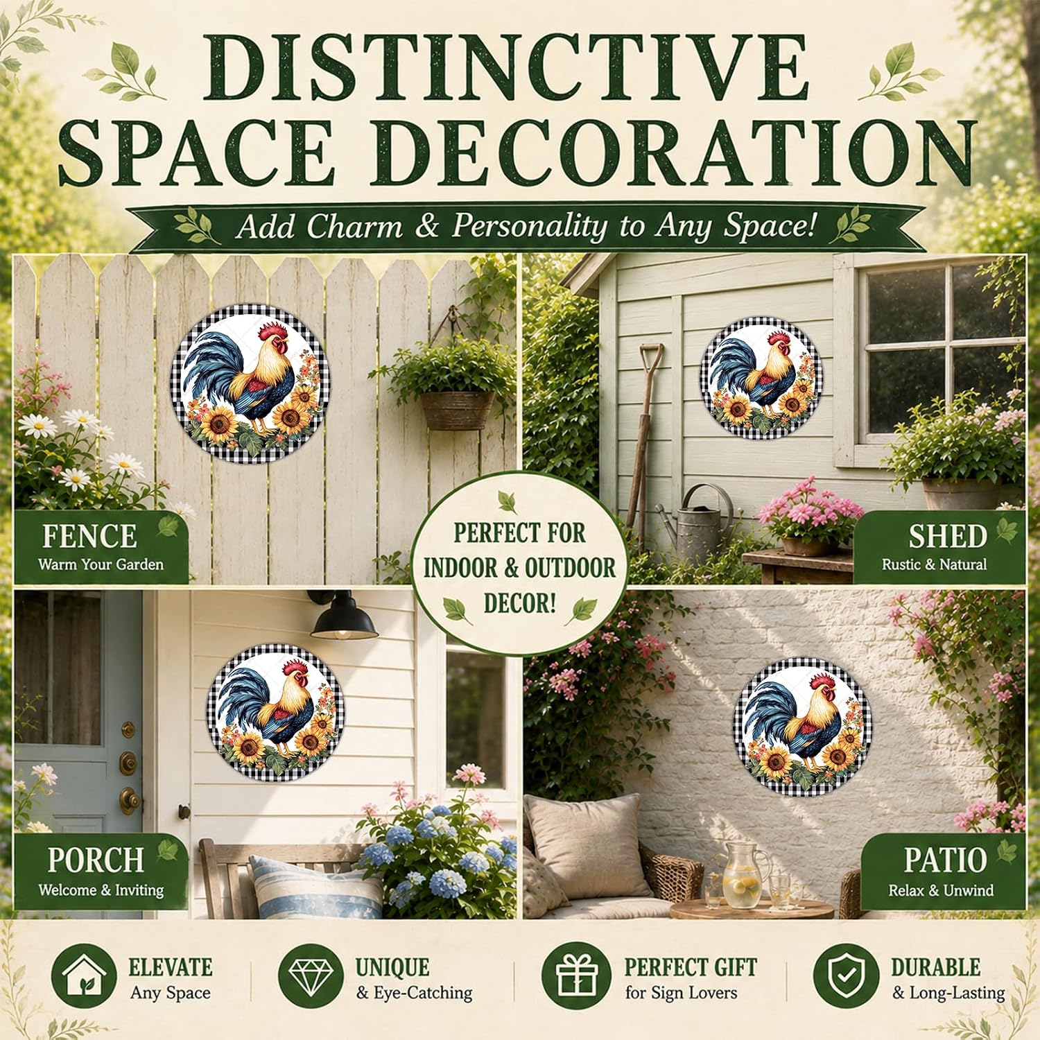 Round Metal Tin Sign Rustic Wall Decor Plaque Rooster Chicken Farm Animal Wreath Sign,Suitable for Home Garden Kitchen Bar Cafe Restaurant Garage Wall Decor Retro Vintage 12 Inch image 5