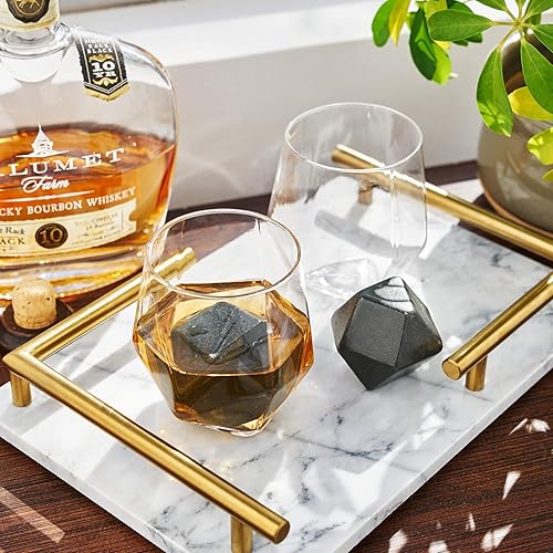 Miniatura 5 de Viski Juego de 4 vasos facetados y piedra de basalto hexagonal, vasos de cristal con juego de 2 rocas de whisky para bourbon, ron, amantes del