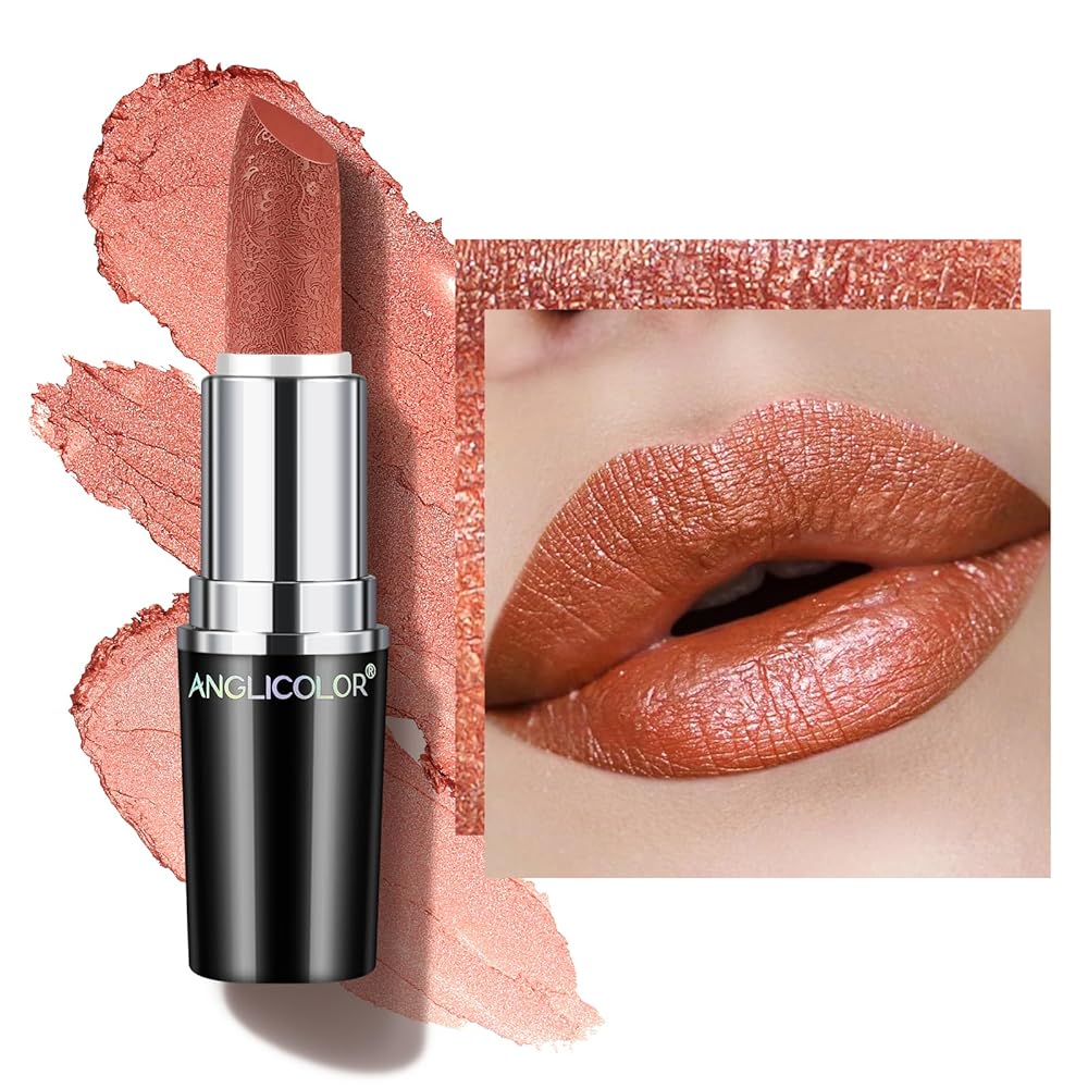 Anglicolor Glitter Metallic Coral Lipstick,High Impact Lipcolor,Lightweight Hydrating Formula Smooth and Non-Sticky,Orange Lipstick For Women,Full-Coverage Lip Makeup (05 BE HAPPY,4g)