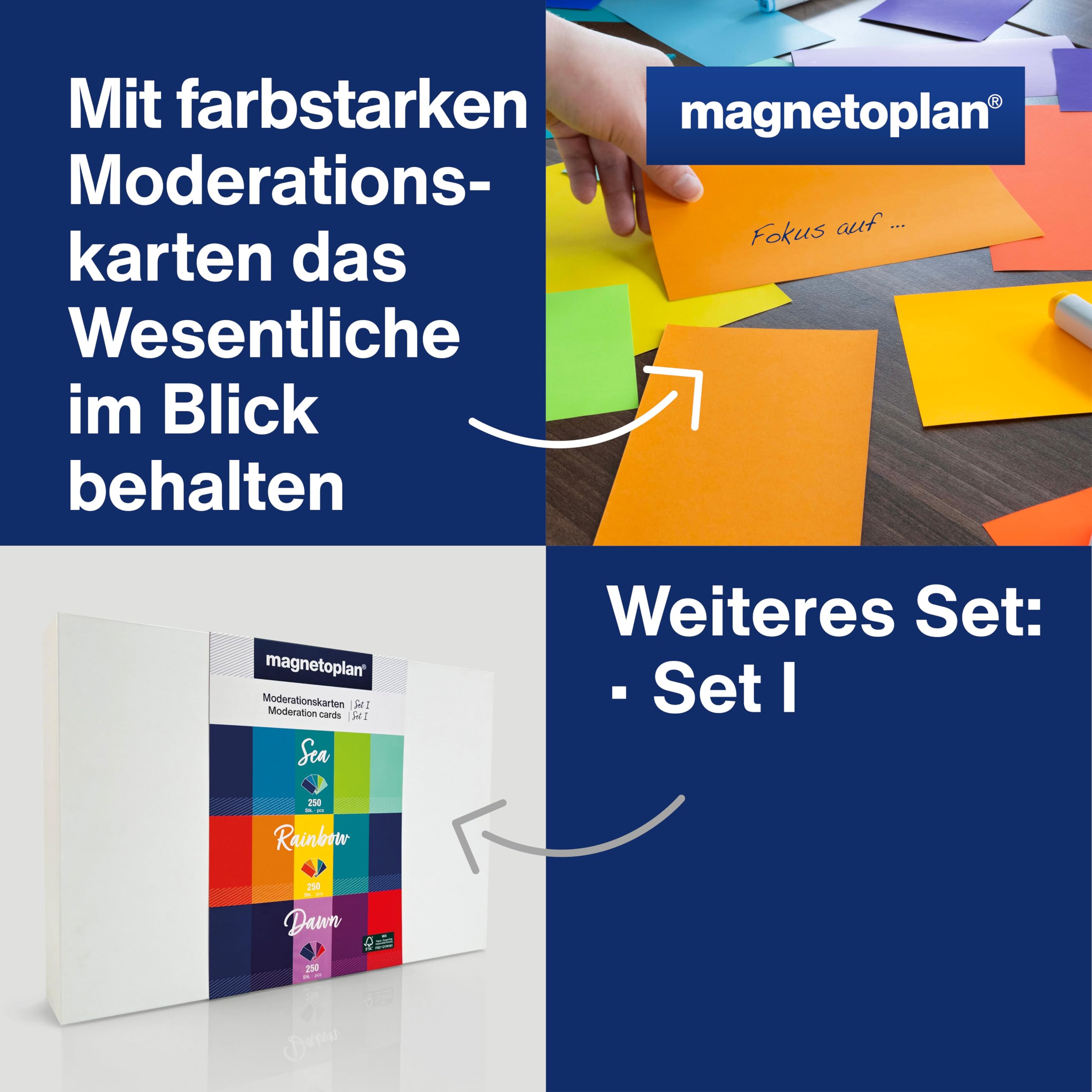 magnetoplan Moderationskarten, Set 2 (Sea Dusk, Neon, Grey) | 750 Stück | FSC zertifiziert, 120 g/m² | Blanko Karten in 15 starken Farben für Schule + Büro | BxH 200x100 mm, rechteckig