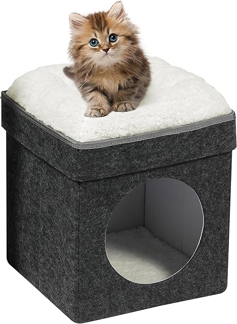Bonlife Winter Small Cat House Indoor,Foldable Felt Pets Bed Cave Kennel,Cat Condo with Lids,Cat Hideaway Warm Comfortable,Dark Grey,32X32X39CM