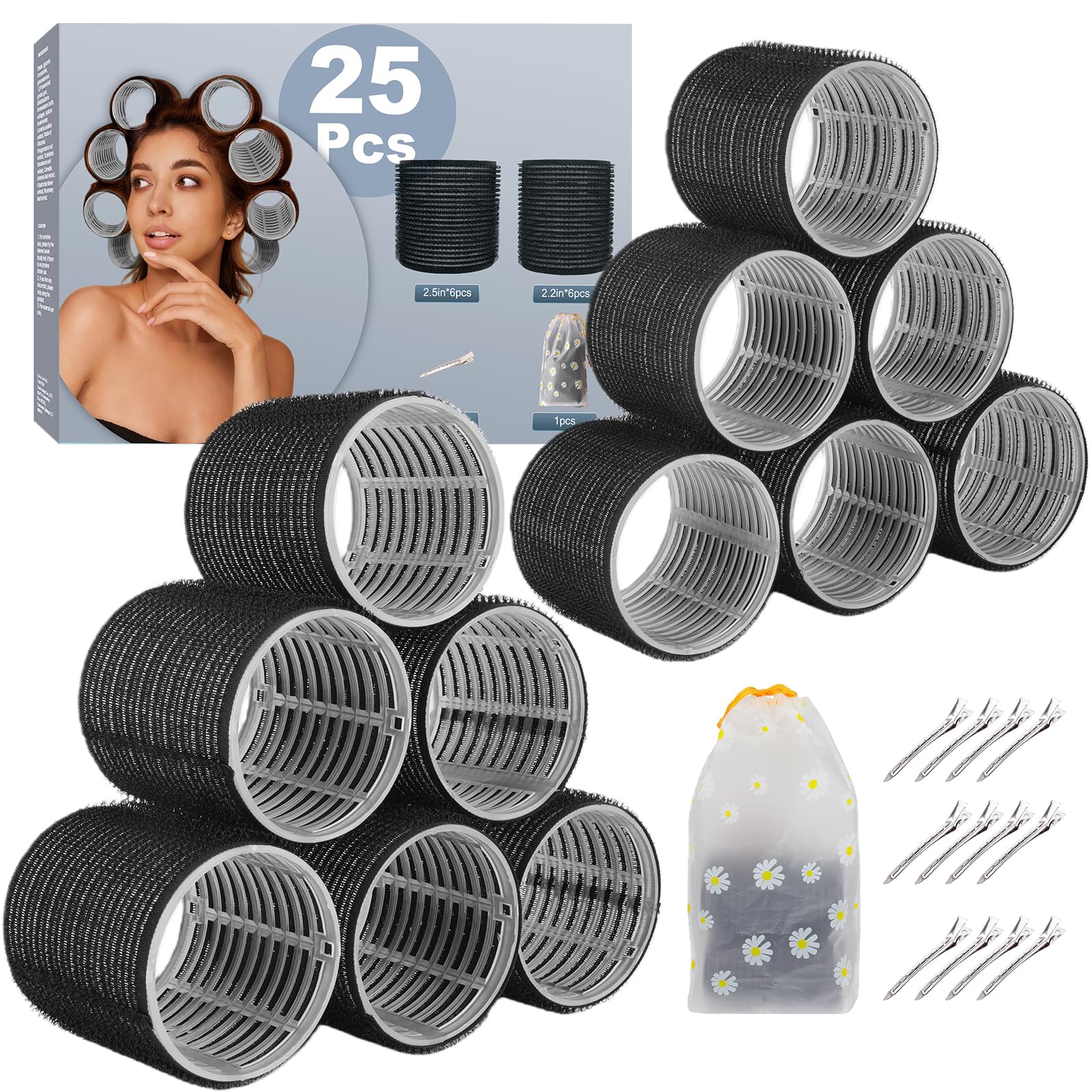 6Pcs 64mm Jumbo Hair Rollers & 6Pcs 55mm Large Hair Rollers, Large Rollers for Long Hair, Women with 12 Hair Clips, Storage Bag -Black 25 Pieces Black Jumbo Set