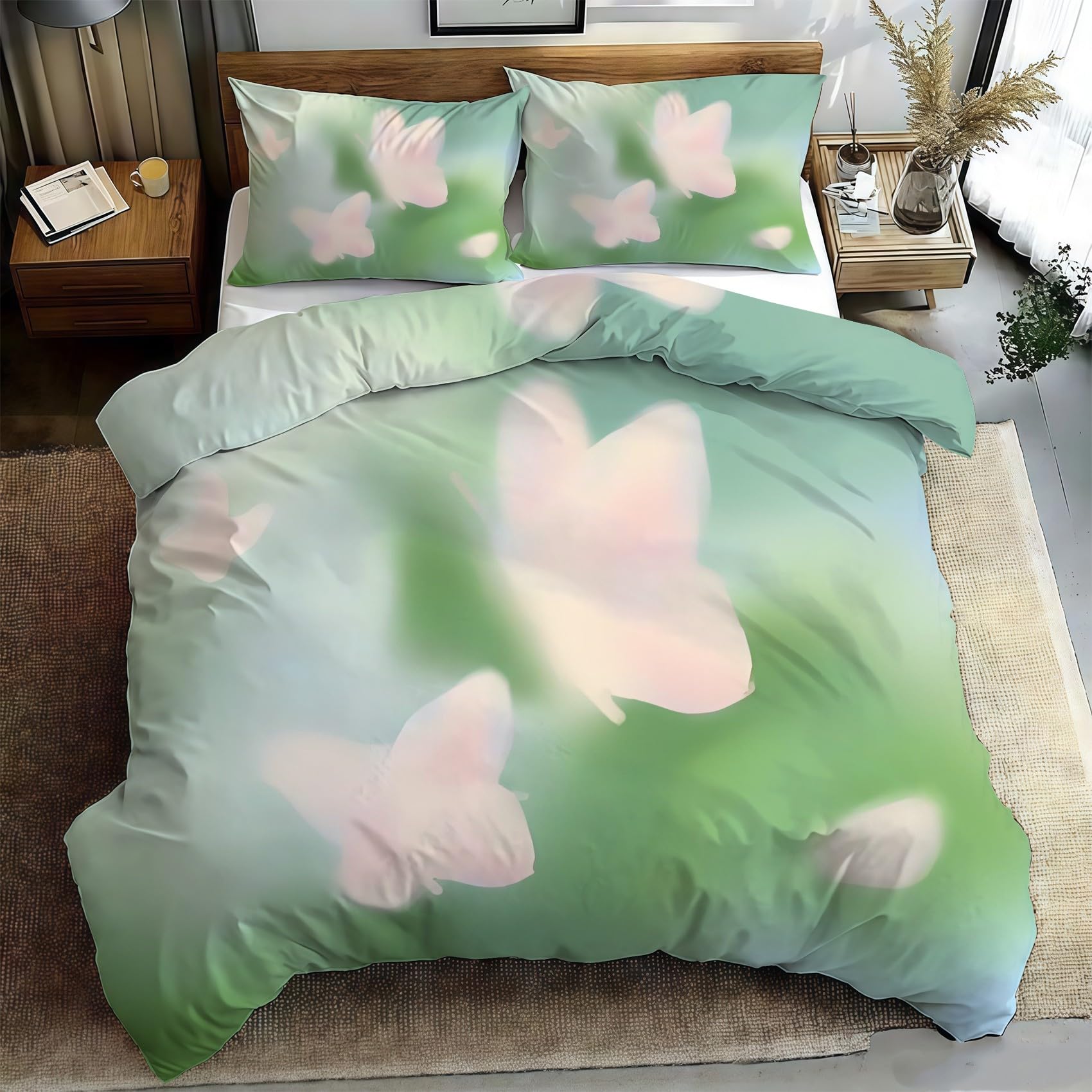 Funda Nordica Cama 90 Infantil Mariposas Rosas Ropa de Cama Fondo Verde Microfibra Suave y Cómoda con Cremallera Funda Edredon 150x200-2 Fundas Almohada 50x75 QB1226