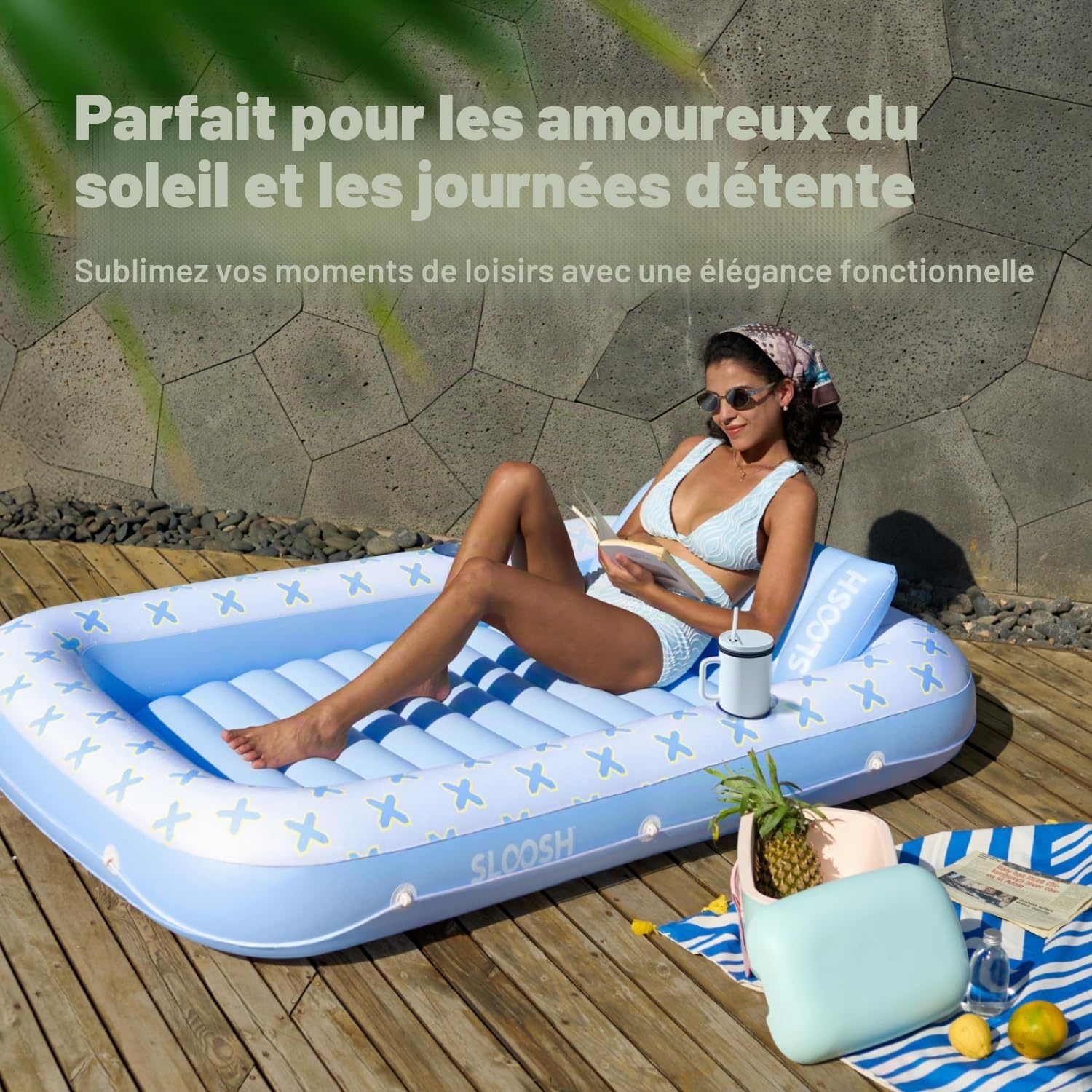 SLOOSH Chaise longue gonflable pour bronzage avec coussin, 178 cm x 117 cm, flotteur de piscine pour adultes, radeau de bain au soleil 4 en 1, lit de bronzage pour se prélasser dans l'eau, ballon