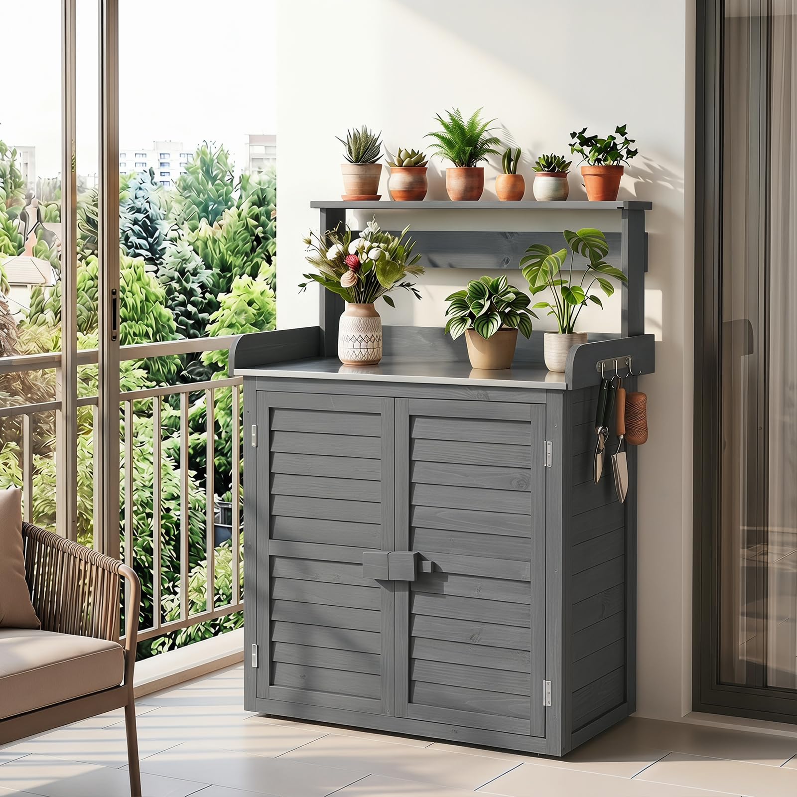 COSTWAY Armadietto da Esterno in Legno a 2 Livelli con Piano di Lavoro in Metallo Zincato, 3 Ganci Appendiabiti, Ripiani Rimovibili e Ante a Doghe, per Giardino, Balcone e Cortile (Grigio)