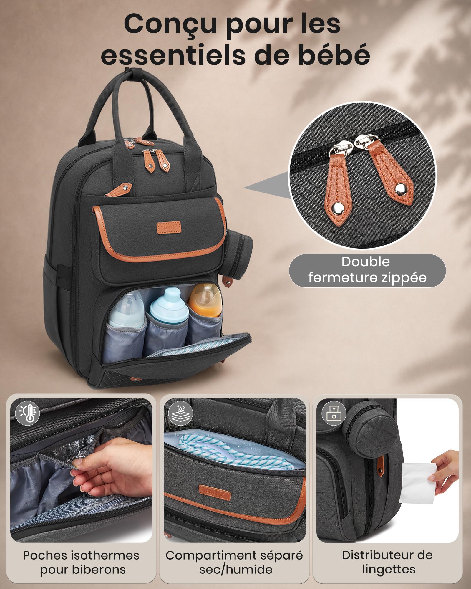 Kono Sac à Dos à Langer Bébé Grande Capacité Maman Papa avec Tapis à Langer