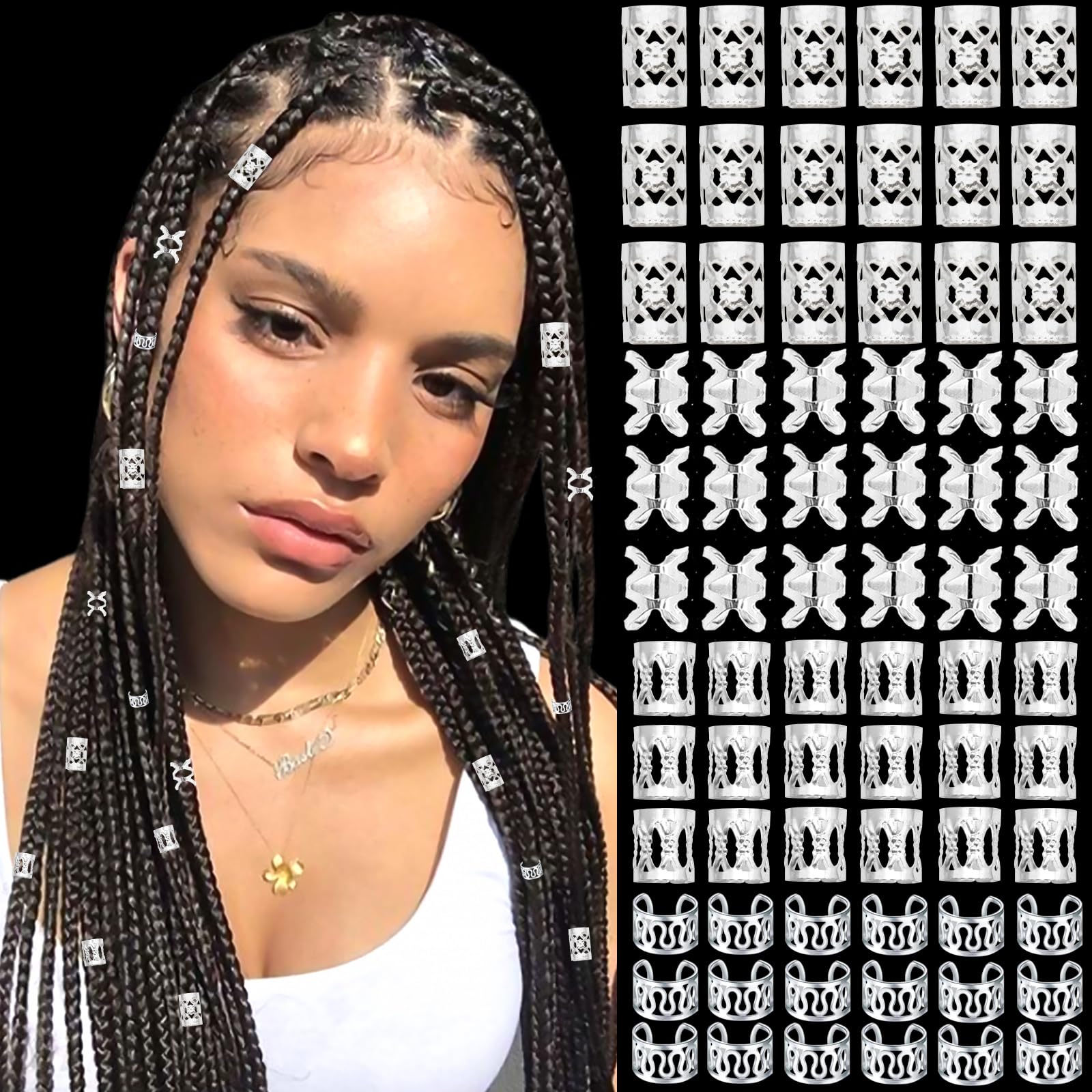VENOFEN 120PCS Silver Hair Cuffs for Braids Loc Dreadlock Jewelry Metal Braids Clips Adjustable Hair Cuffs Rings Alloy Hair Accessories for Women and