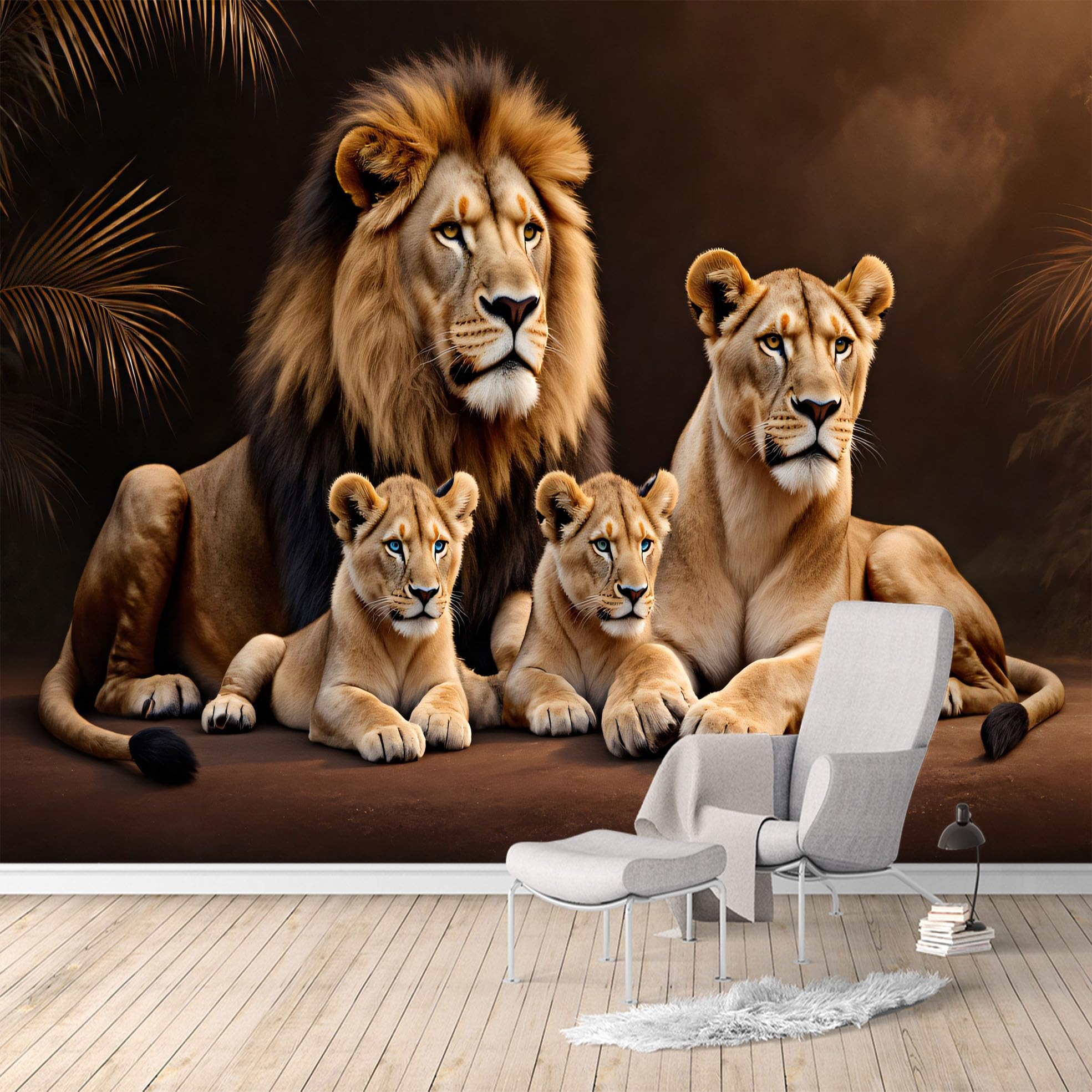 Custom Size Wall Murals,Majestic Lion Family Safari Wildlife Jungle Portrait,SelfAdhesive Water Activated Removable Wall Covering,Large Photo Wallpaper for Living Room Bedroom Office
