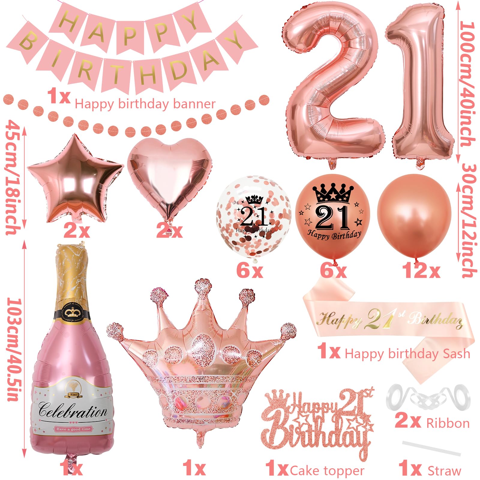 Decorazioni per 21° compleanno per lei, 21 decorazioni di compleanno, WKxinxuan 33 decorazioni in oro rosa per 21° compleanno, decorazione per torte, fascia, palloncino champagne, palloncino in lamina