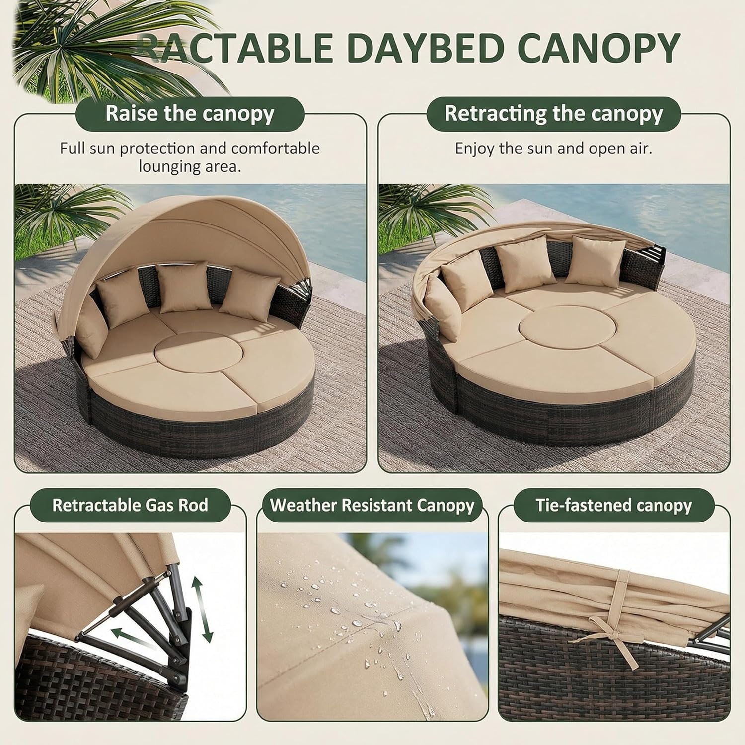 Outdoor Patio Daybed with Retractable Canopy, Wicker Rattan Sectional Round Sofa Furniture Set, 5 Pieces Seating Separates Cushioned Seats for Lawn Garden Backyard Porch Pool, Brown