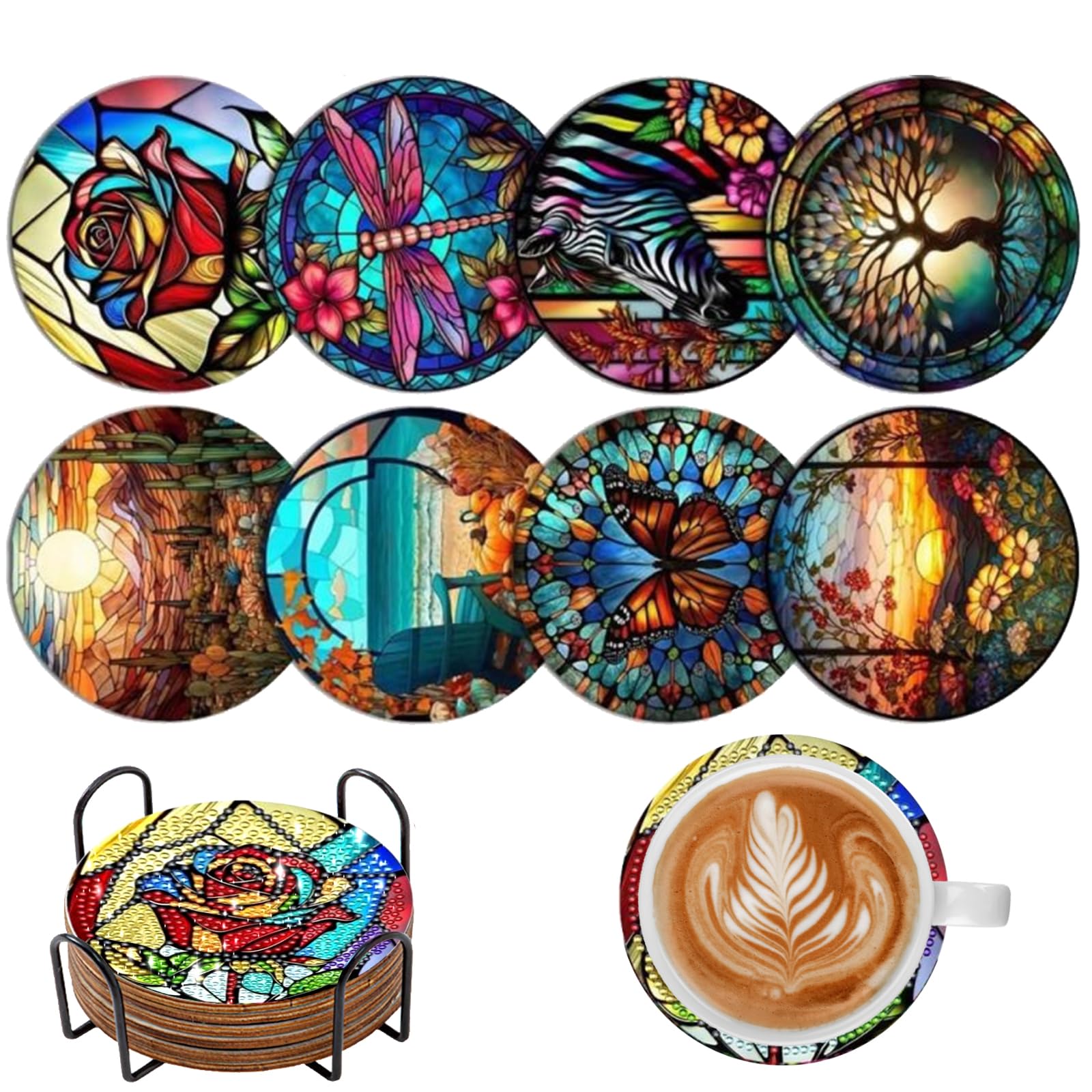 8 Pcs Diamond Painting Coasters with Holder Full Drill 5D DIY Craft Kits for Adults Beginners Kids Home Decor Crystal Art Coasters Sets (Stained Glass)