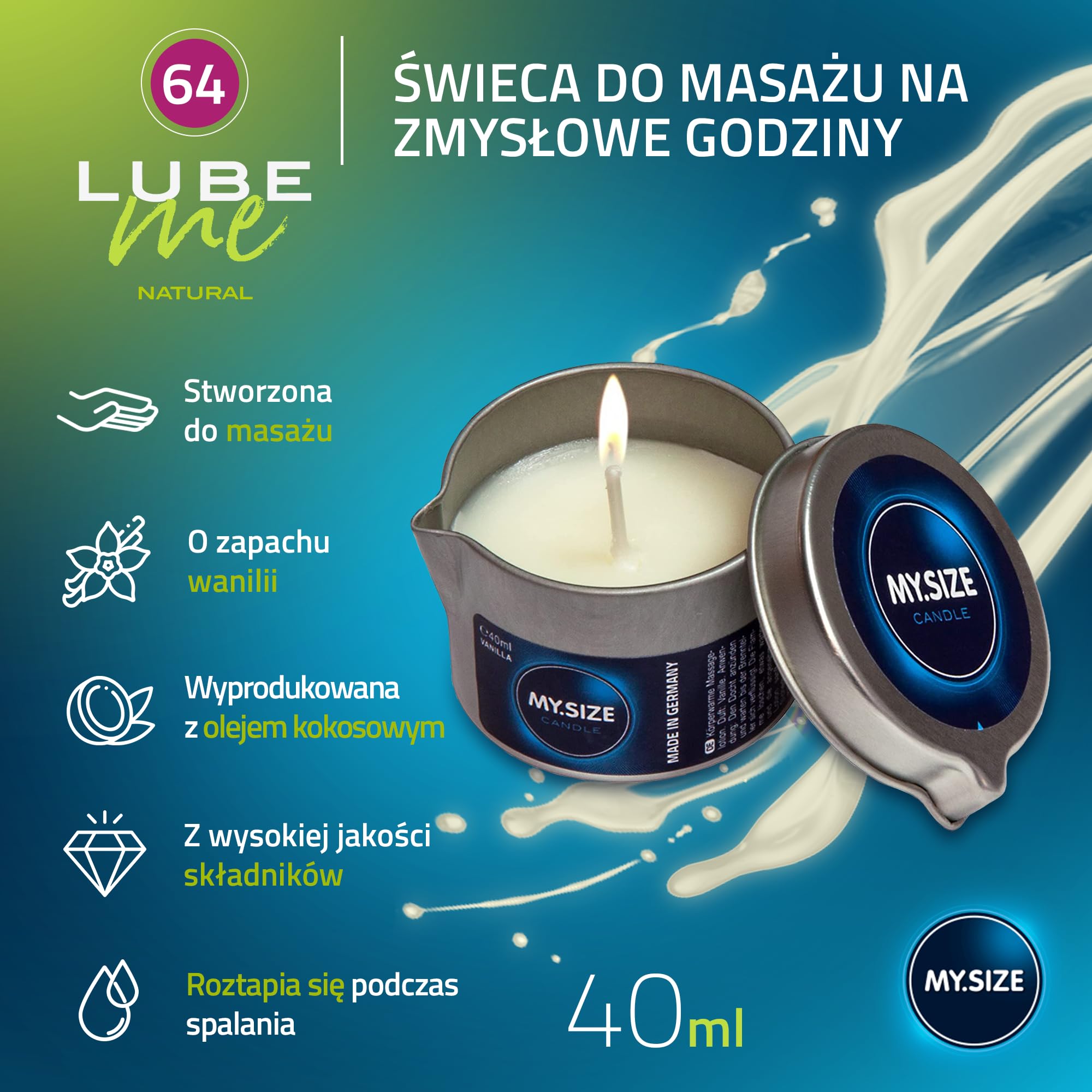 Zestaw promocyjny: prezerwatywy MY.SIZE 64 mm, 10 szt. + naturalny żel nawilżający MY.SIZE 100 ml + świeca do masażu MY.SIZE