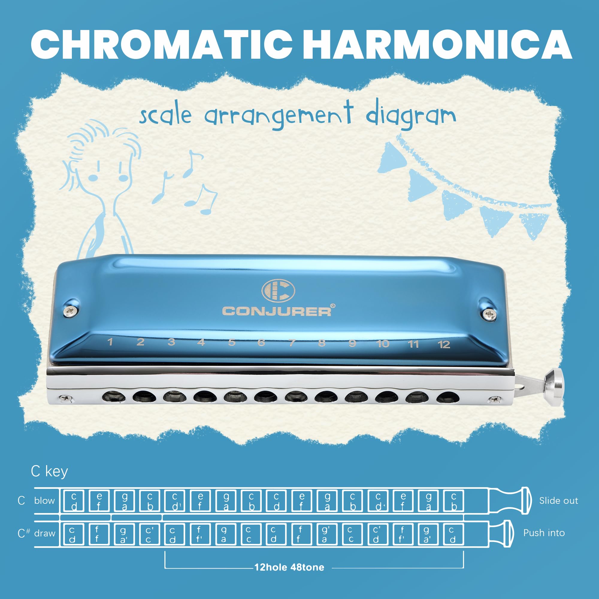 CONJURER Armonica Cromatica chiave di C, 12 fori 48 toni Stanadard armonica blues diatonica con custodia, armonica per principianti, adulti, bambini, professionisti, studenti, amici, regali (blu, C)