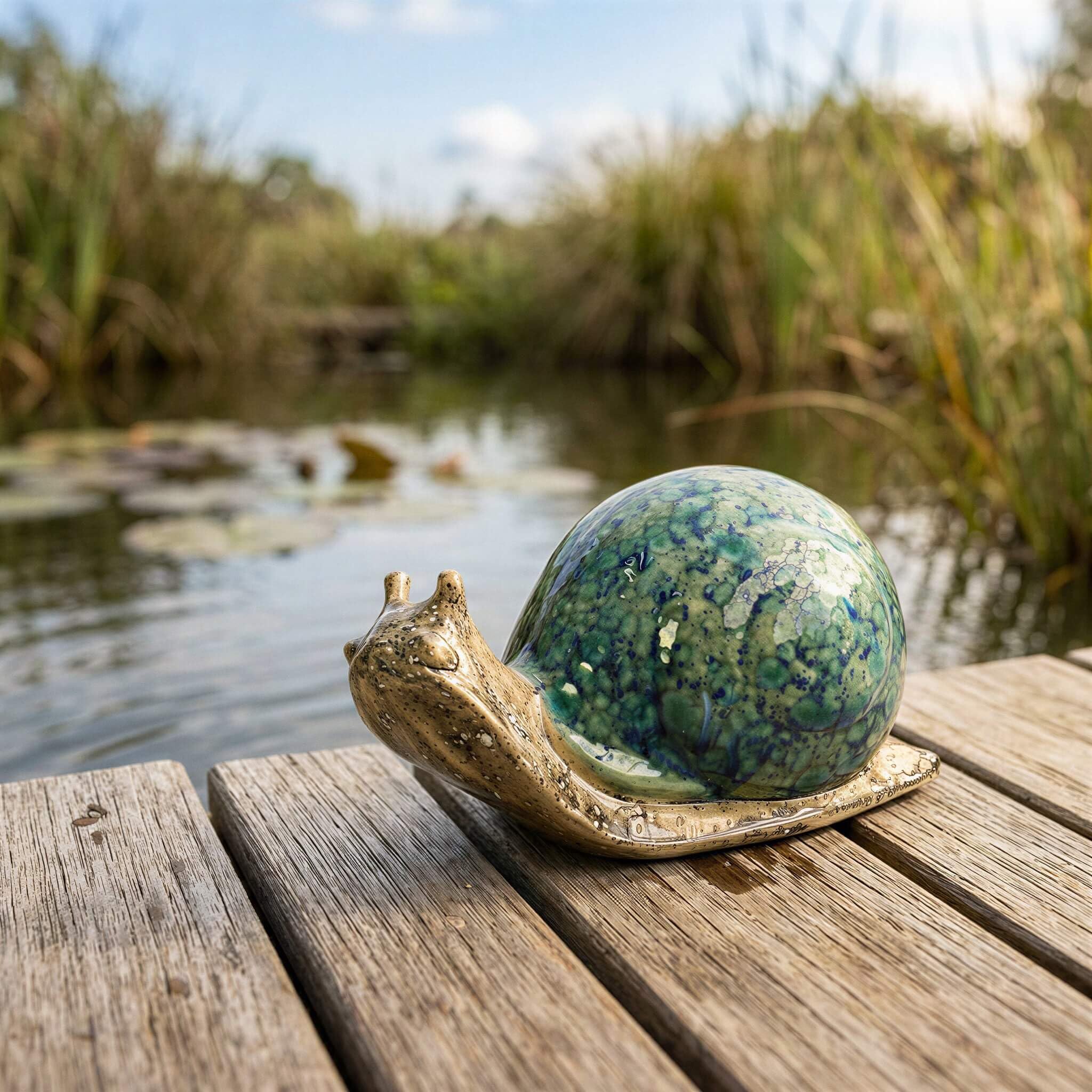 Gartenfigur Schnecke aus Keramik seegrün handbemalt Dekofigur Gartendeko Gartendekoration