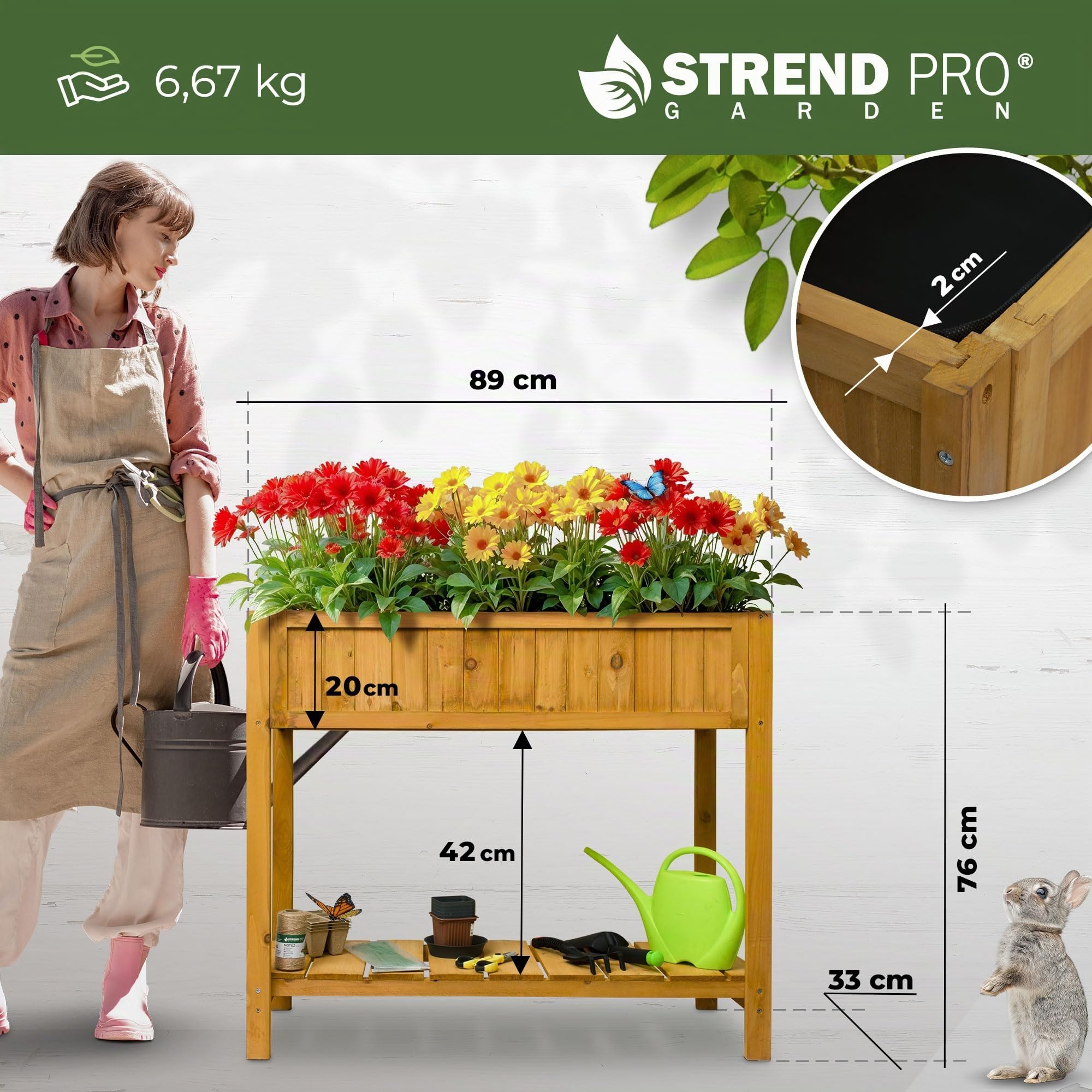 STREND PRO Jardinera para balcón, 76 cm x 33 cm x 89 cm (largo x ancho x largo), bancal de madera con estante y lámina impermeable para plantas, pequeño bancal estrecho ideal para balcón, terraza y