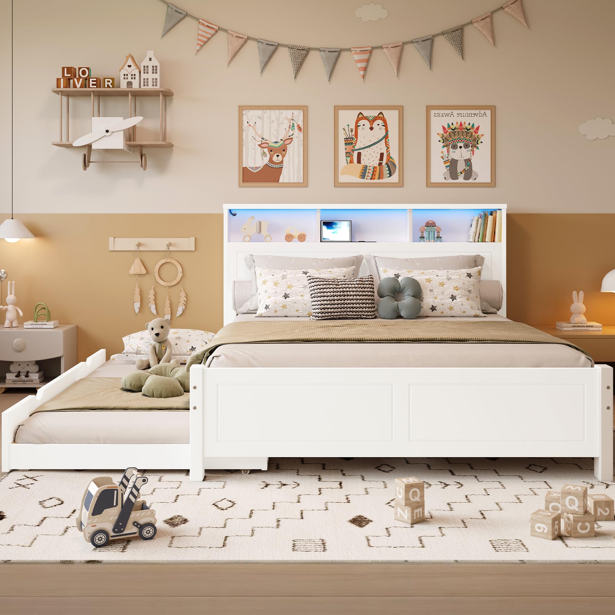 Letto matrimoniale, letto piatto, letto familiare, con strisce luminose ambientali, presa di ricarica integrata, con letto estraibile, vano testiera, telaio in pino + MDF, bianco, 120 x 200 e 90 x 190