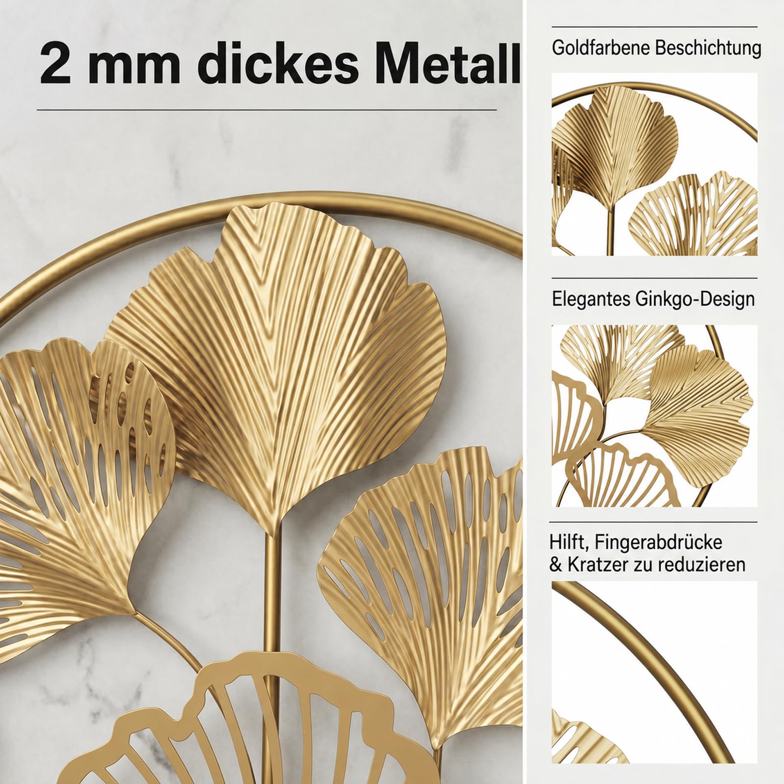 QHENS Wanddeko Ginkgo Gold, Wanddeko Metall Groß, Wand deko Wohnzimmer für Home Wall Art Dekoration, 3D wanddekoration Gingko, Blatt Einstellbar, 128x43CM