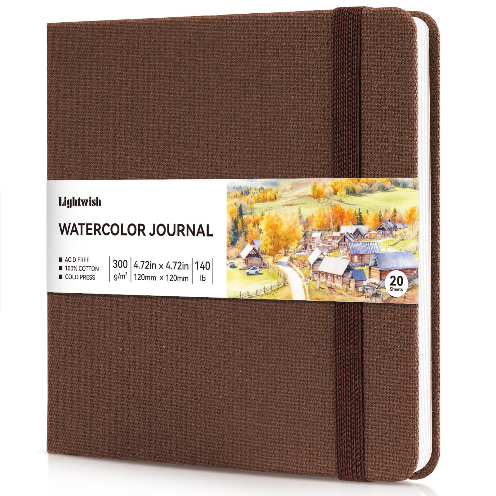 LIGHTWISH Watercolour Journal Watercolor Paper, 100% Cotton Cold Press Paper 300GSM | 20 Sheet 40 Page No Bleed Sketchbook | 12cm x 12cm Travel Size for Artists & Beginners