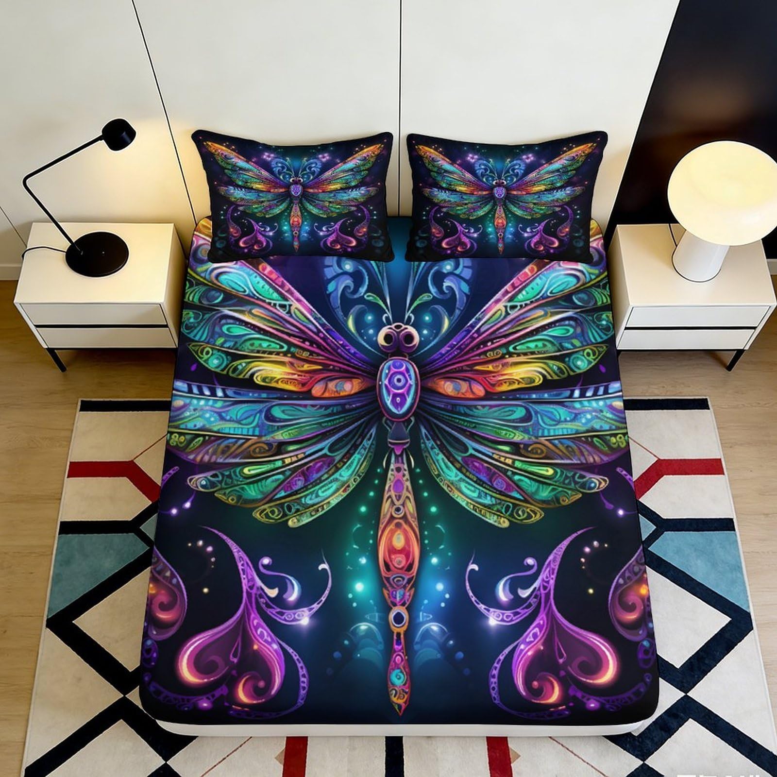 3D Printed Colorful Dragonfly Fitted Sheet Microfiber Soft Breathable Psychedelic Butterfly Bed Cover for Bedroom Dorm Mattress Protection Decor 140x200x25cm