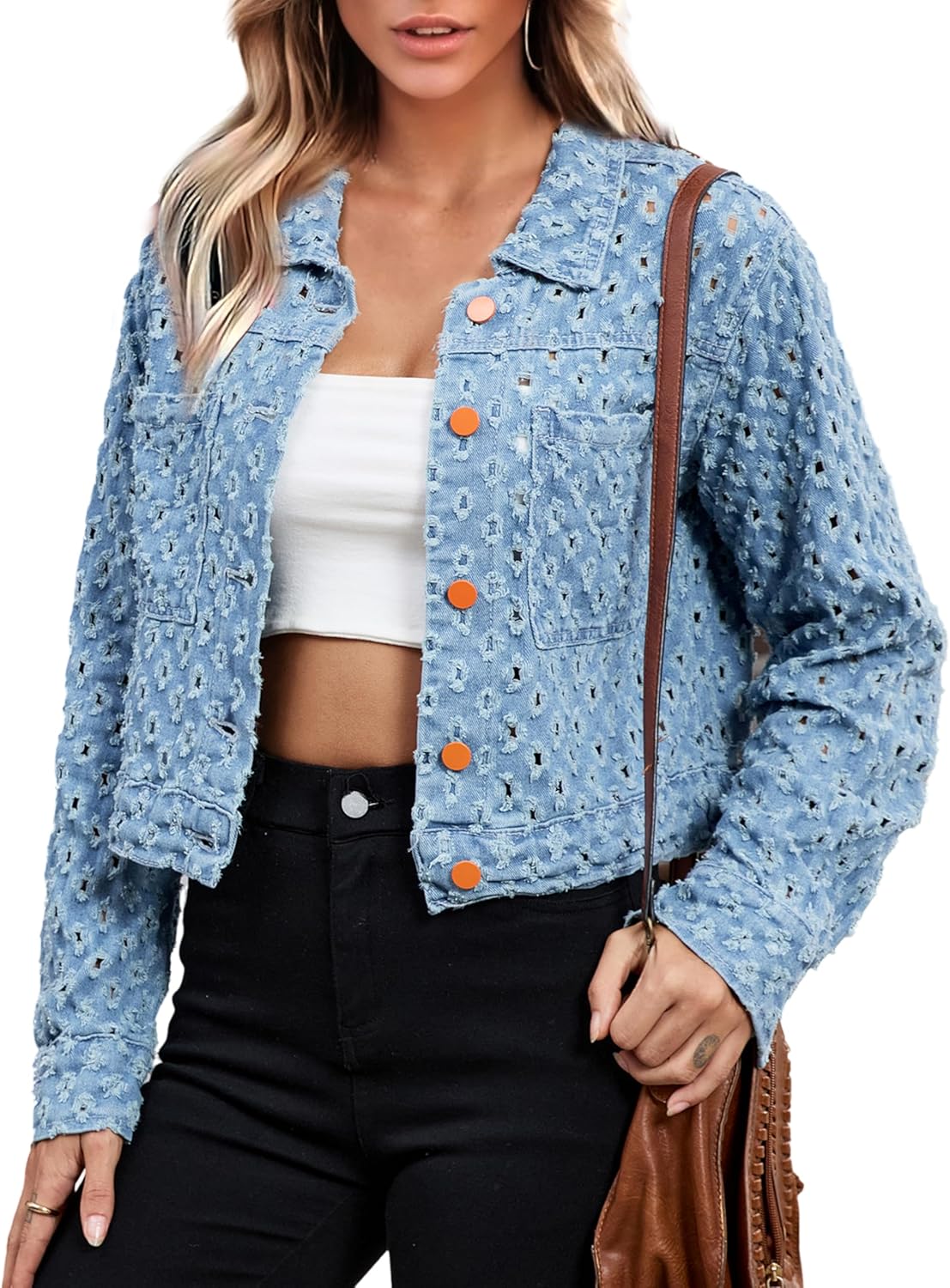Fiona Jolin Womens Jean Jacket 2025 Casual Long Sleeve Distressed Button Down Cropped Denim Jacket Coats Western Trendy