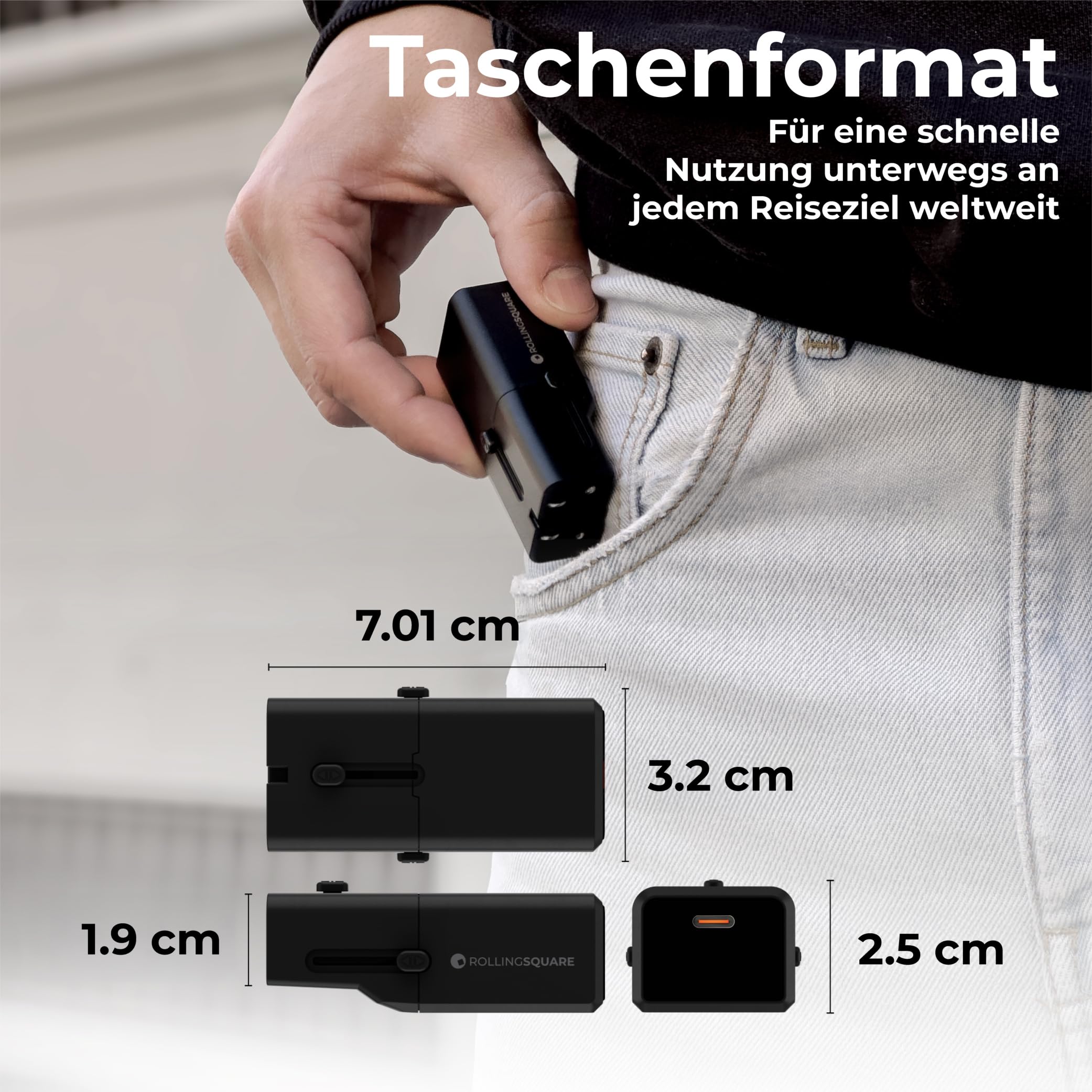 Rolling Square Pocket Travel Adapter - Universal-Ladeadapter mit USB-C für 200+ Länder US, EU, UK, AU, Stecker mit 30W Schnellladung für Smartphones, Tablets & mehr, Kompakt & Leicht, Schwarz