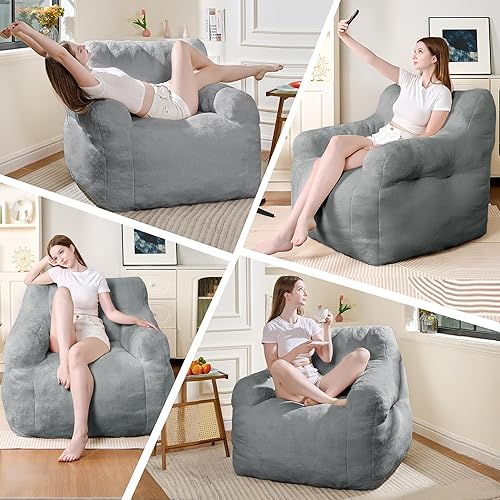 Vista 5 de Silla de Puf Gigante con Brazos - Silla de Sofá de Espuma Premium, Puf Grande de 3 Pies, Sillas de Puf para Salón, Dormitorio, Juegos, Lectura (Gris)