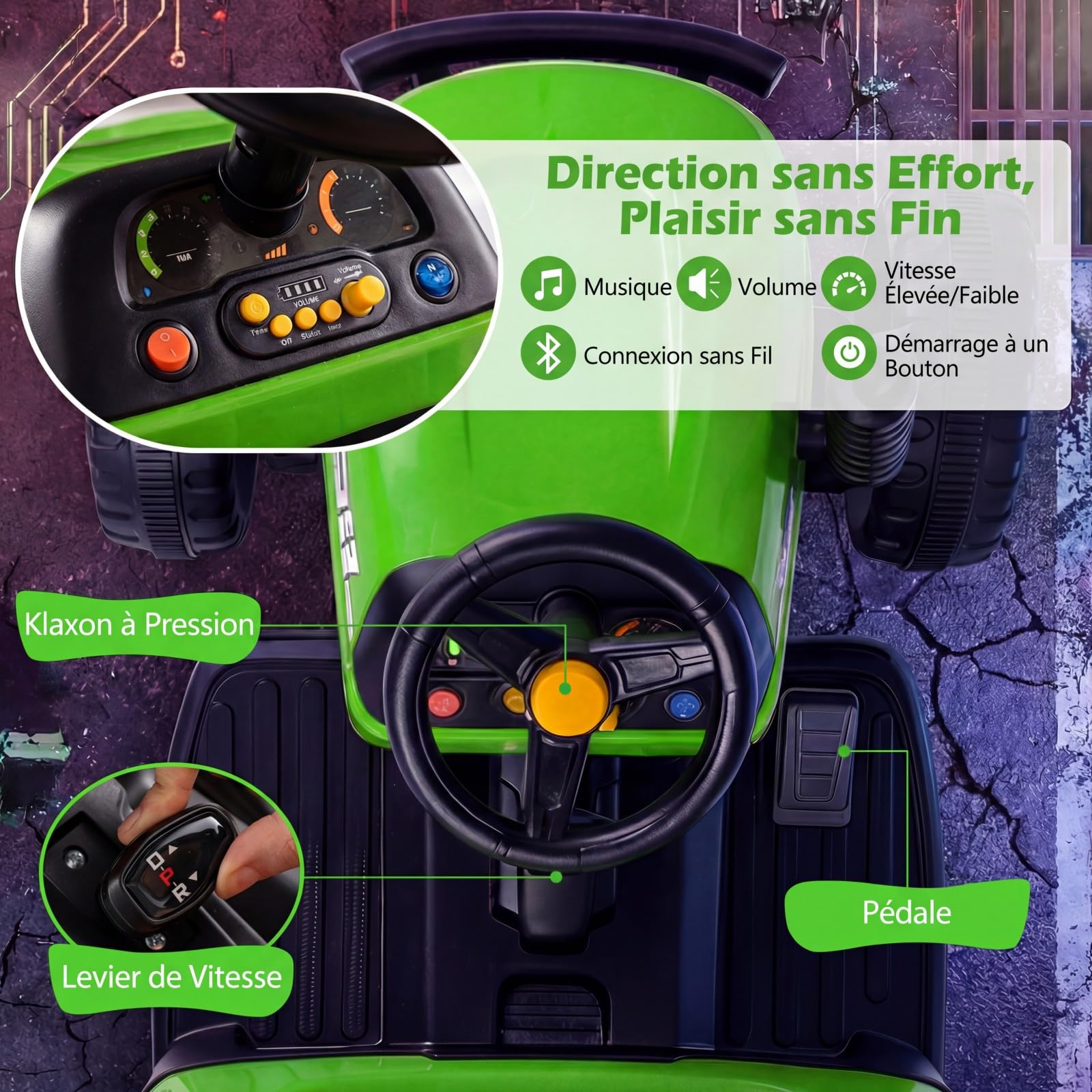 COSTWAY 24V Tracteur Électrique Enfant avec Remorque Amovible et Basculante, Voiture Électrique avec Télécommande 2,4G & Phares LED, Musique, 3,2-7 km/h, Démarrage Lent, Charge 30 kg, 3 Ans+ (Vert)