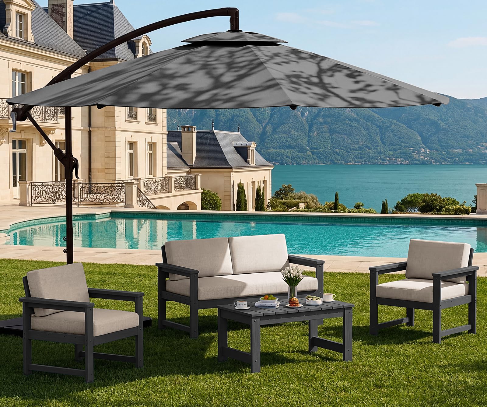 SERWALL 4 Pieces HDPE Outdoor Loveseat Sofa Set with 10FT Patio Umbrella