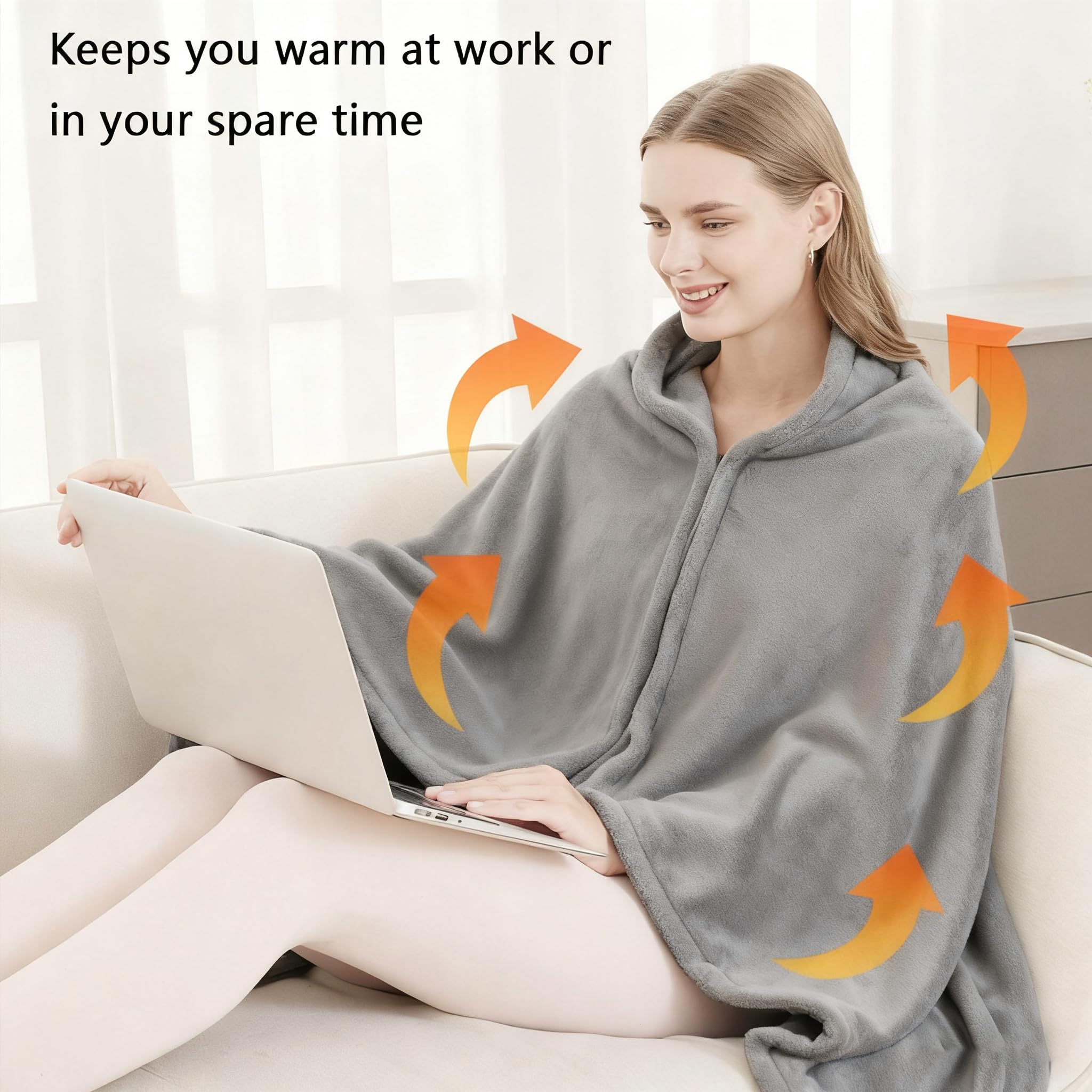 SNZ Coperta Termica USB con Batteria da 10000mAh, 150 x 80 cm Coperta Termica Senza Fili, Coperta Elettrica Scialle di Flanella per Pausa Pranzo in Ufficio, Viaggio All'aperto
