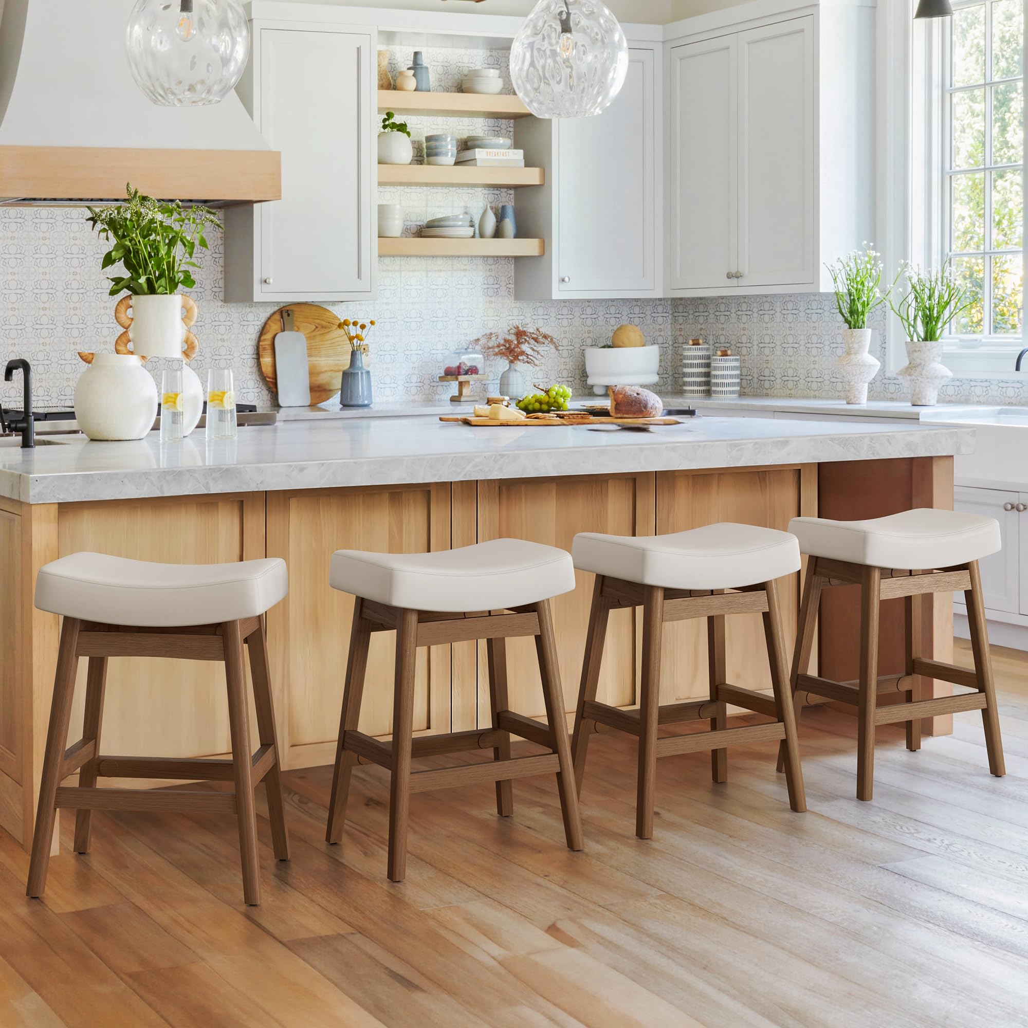 Cozyman Bar Stools Set of 4, Barstools with Sturdy Wood Legs, Saddle Seat Counter Height Bar Stools for Kitchen Counter, Bar, Dining, 24 Inch