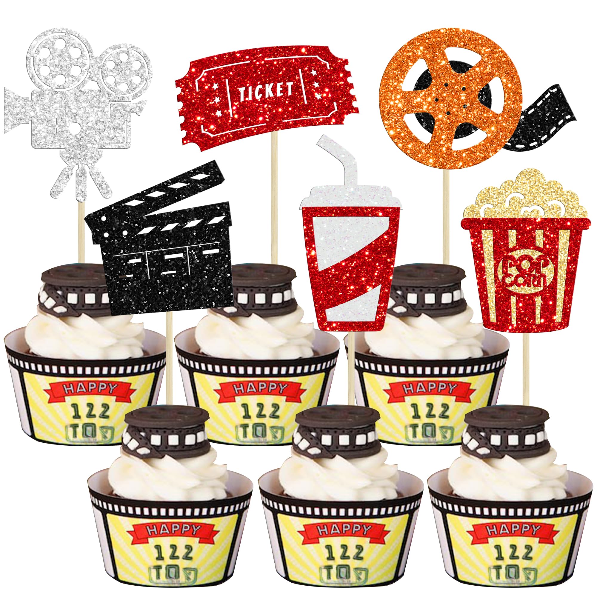 Ephlyn 24Pcs Movie Cupcake Toppers Glitter Movie Night Roll Camera Popcorn Cupcake Picks for Theater Theme Baby Shower Kids Birthday Party Cake