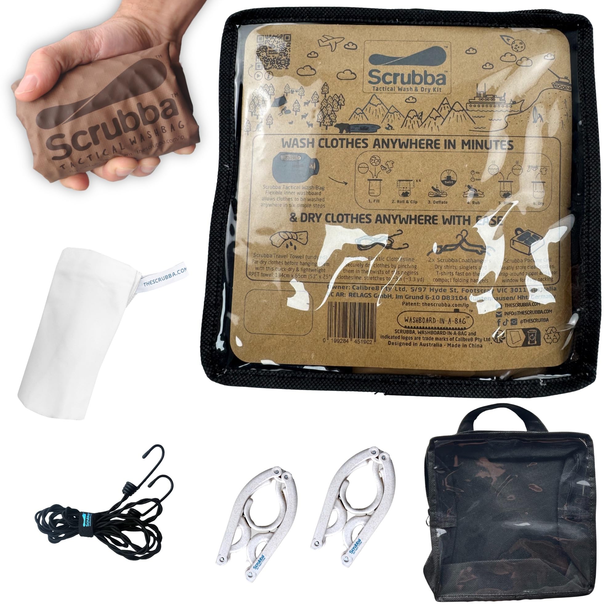 Scrubba Tactical Portable Wash Bag & Dry Kit - Hand Washing System for Outdoors & Travel - Light & Small Camping Laundry Set to Wash Clothes Anywhere