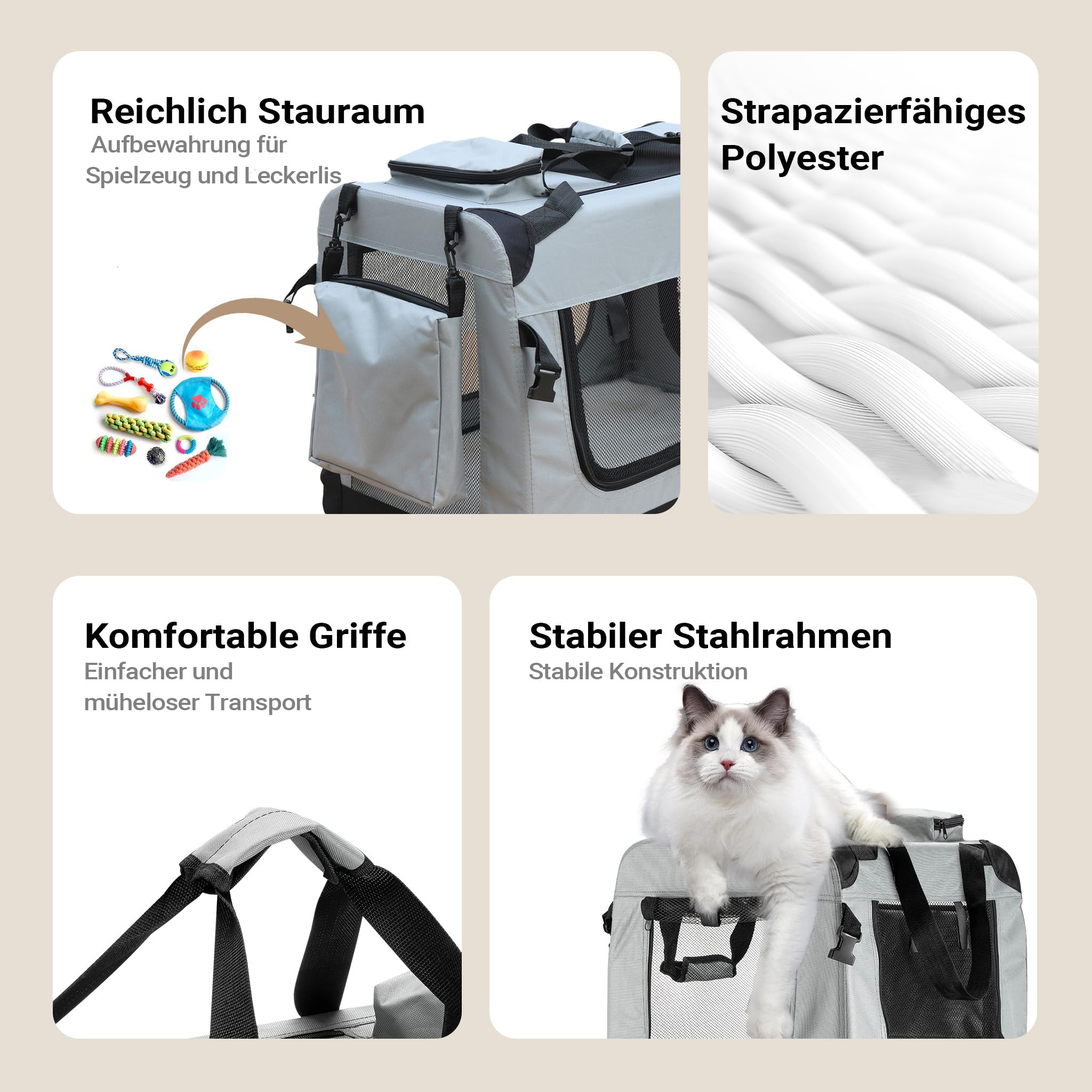 Fudajo Faltbare Transportbox für Hunde, Katzen M (60x42x44cm), robust, leicht, sicher, Hundebox mit Tragegriff und Decke, Grau