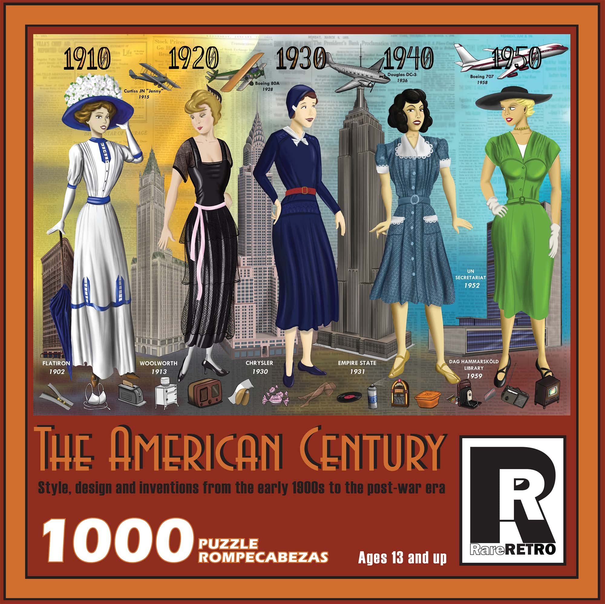 RareRETRO - 1000 Piece Jigsaw Puzzle for Adults and Families - The American Century - Style, Design, and Inventions from The Early 1900s to The Post-War Era - Sturdy Tight-Fitting Pieces