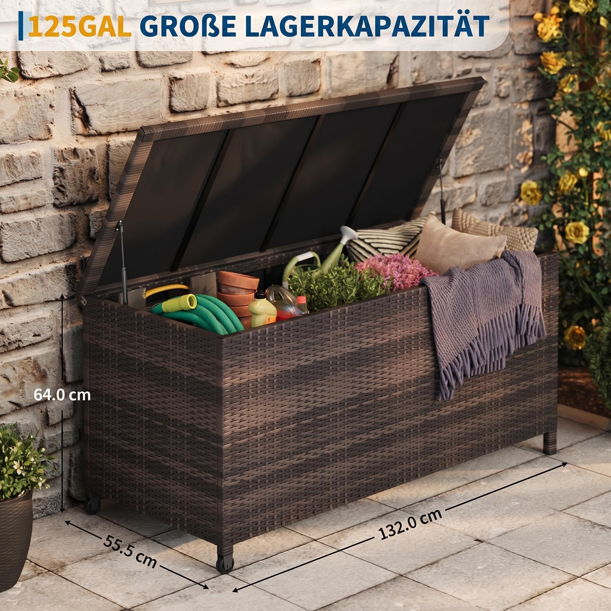 Litake 480L Aufbewahrungsbox für den Außenbereich, Große Terrassenbox Polyrattan Gartenbox wetterfest mit Deckel& Zwei Radern, Leicht Bewegen, Kissenbox für Garten/Balkon, 132x 55.5 x 64 cm,Braun
