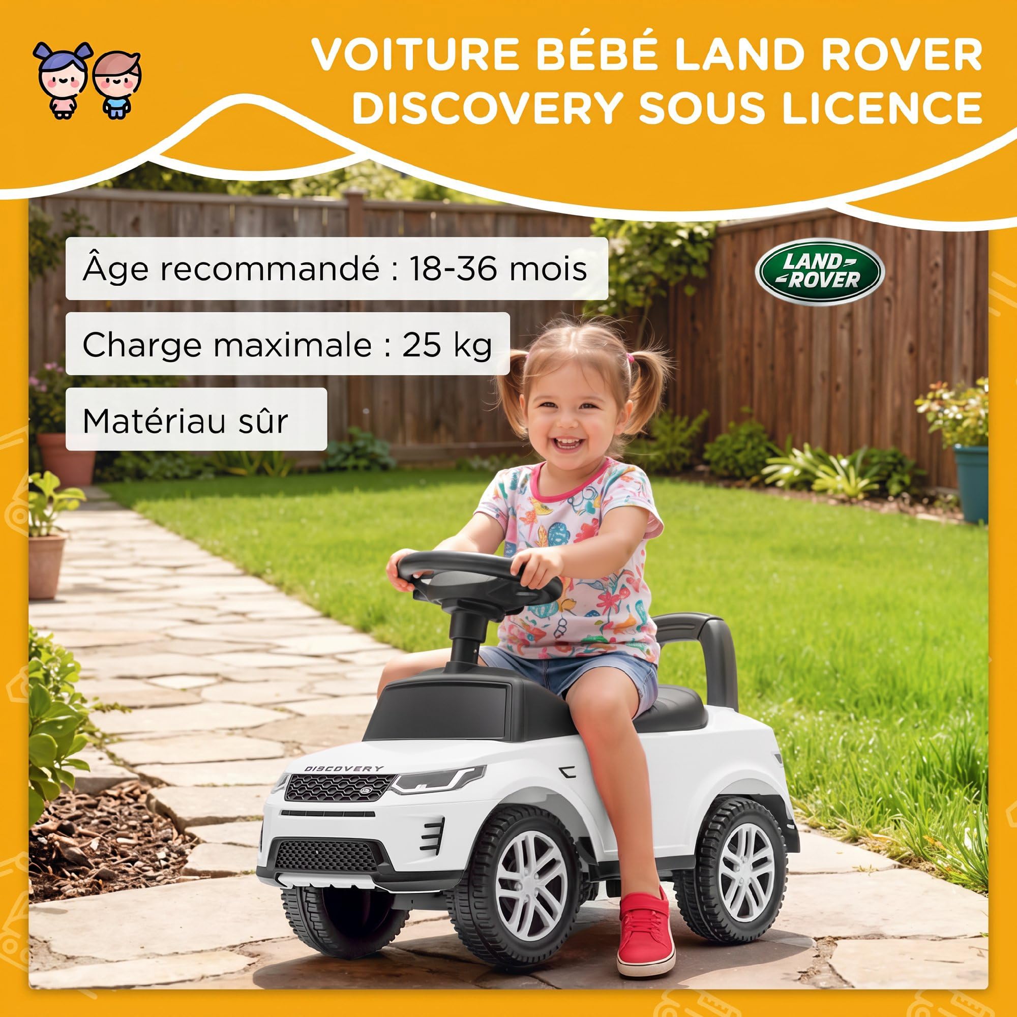 AIYAPLAY Land Rover con licenza auto a spinta 18-36 mesi Bianco