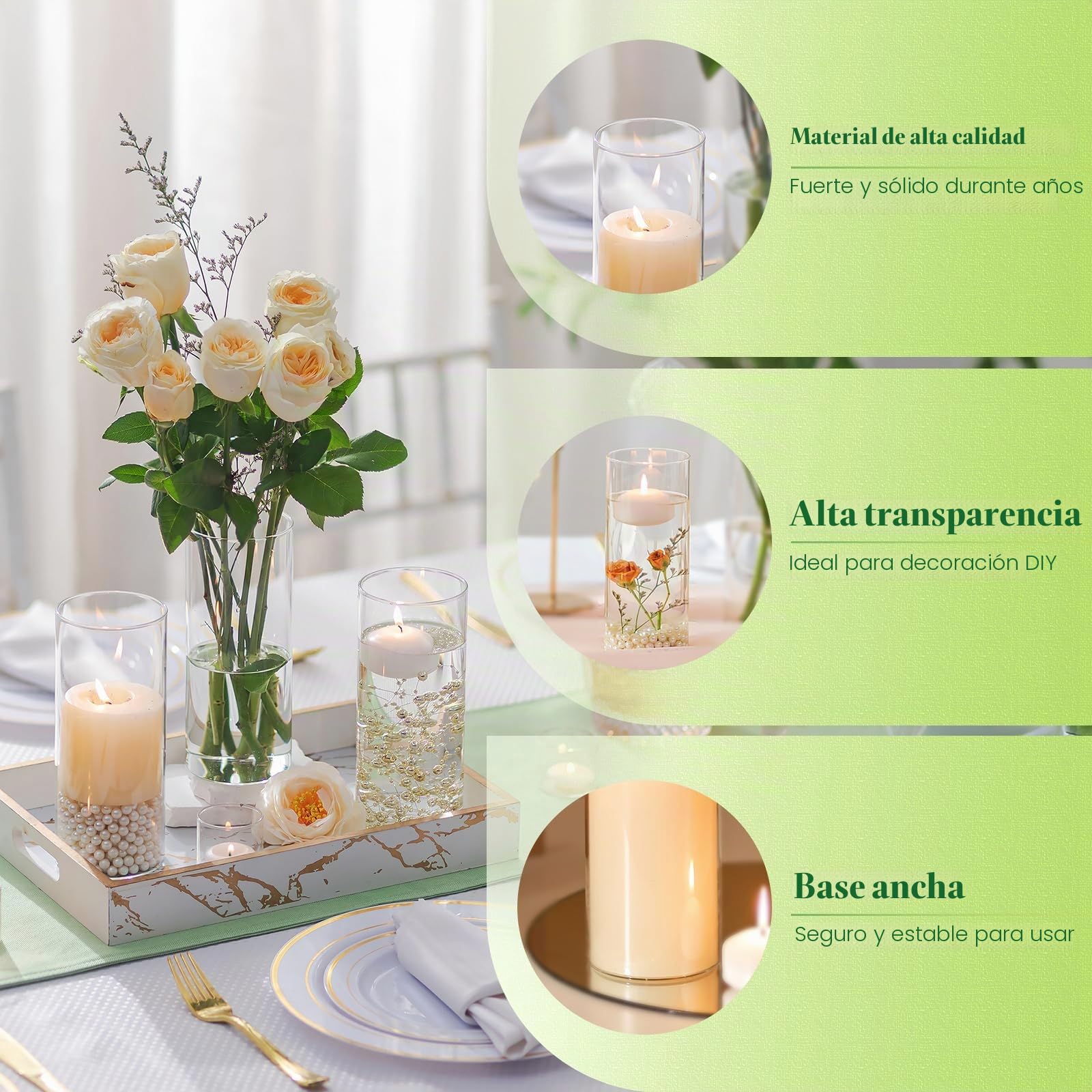 Hewory Juego de 6 Floreros Cilíndricos de Vidrio Transparente de 15cm para Flores y Portavelas Alto para Velas de Pilar Flotantes, Redondo para Bodas