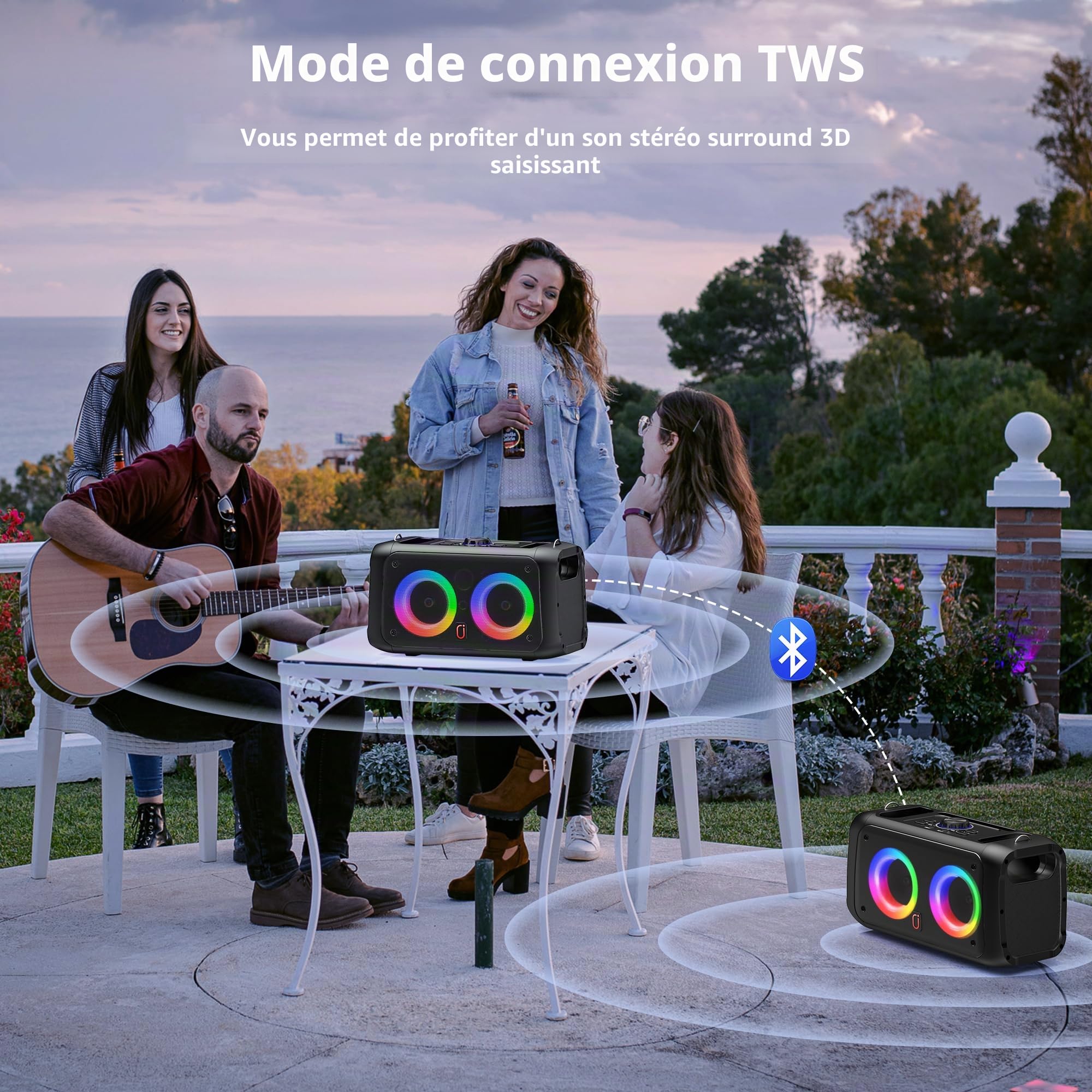 JYX Machine de Karaoké avec 2 Microphones sans Fil pour Adultes Enfants, Système de Karaoké Portable Prend en Charge Les Fêtes à La Maison，au Camping，Supporte TWS/AUX/USB/TF Card.